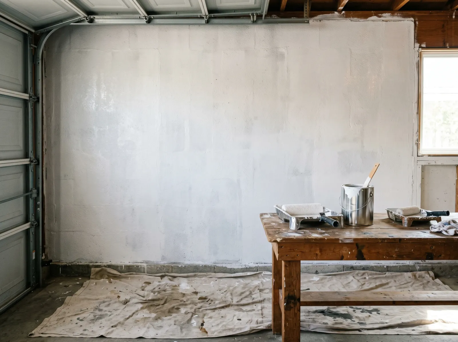 Garage wall coated in a single white primer coat with roller and can on the bench