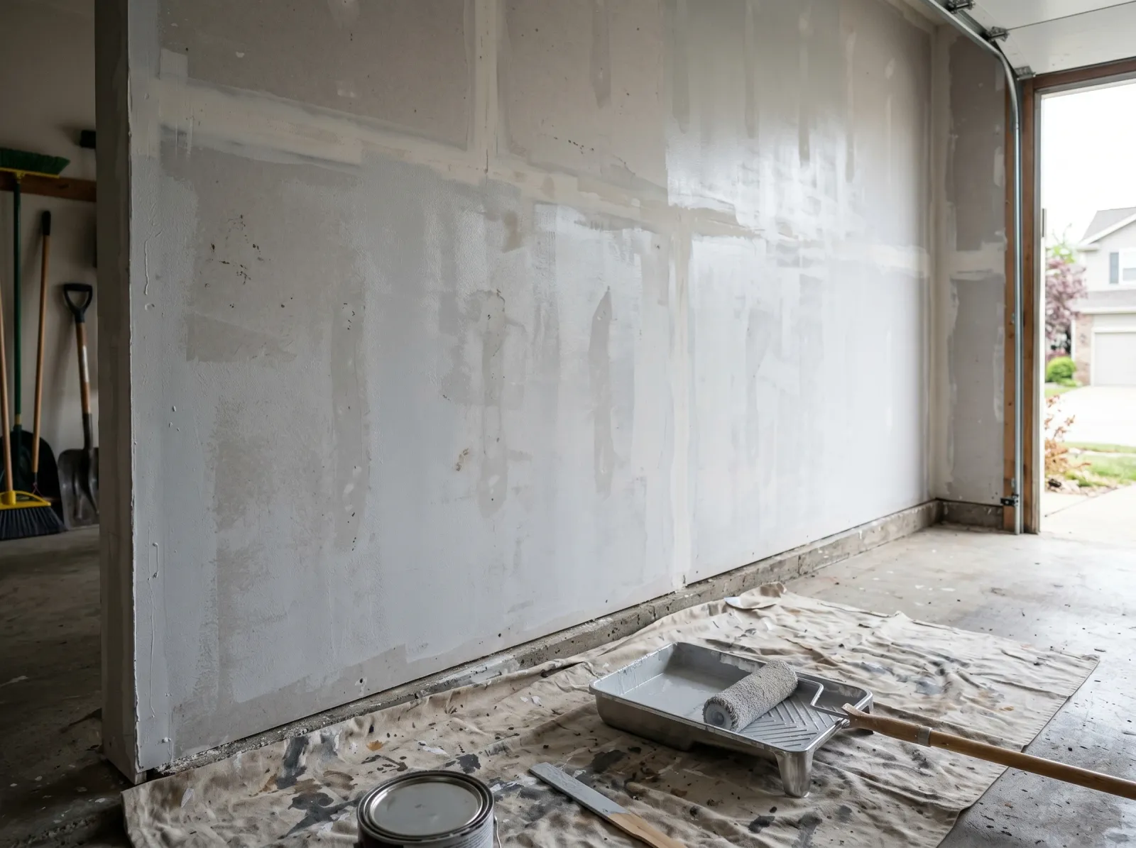 Garage wall with a patchy first coat of light grey paint and a roller on the floor