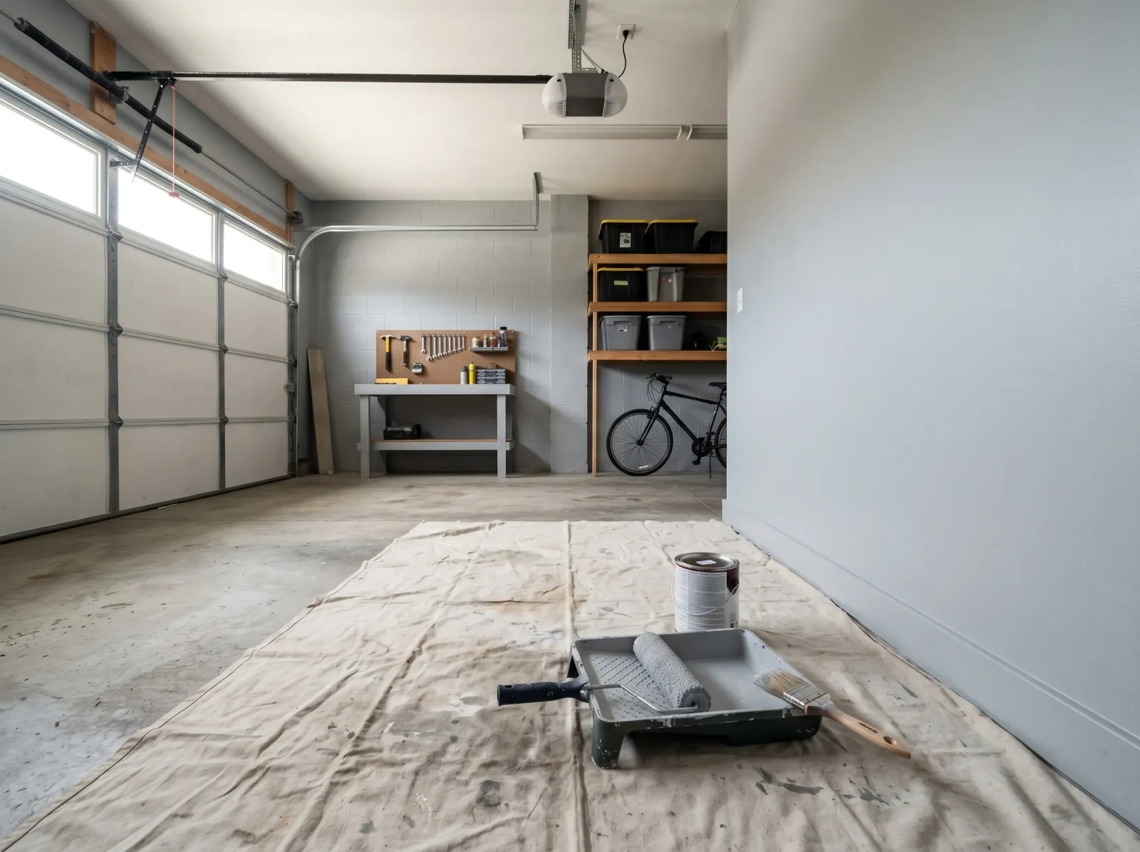 Garage walls with an even second coat of light grey paint