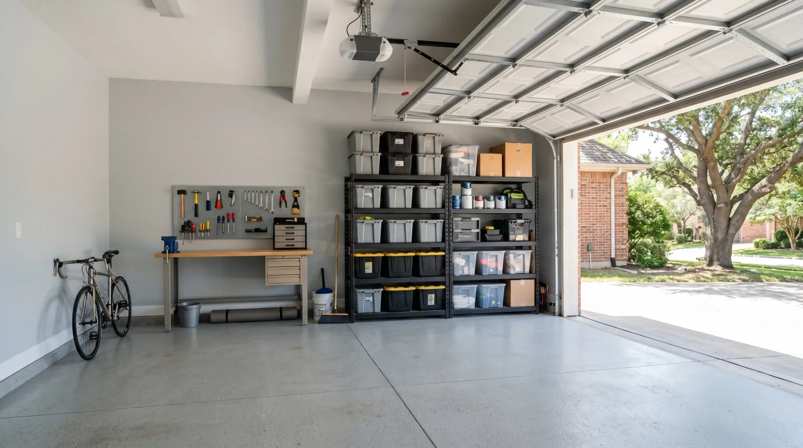 Finished garage with painted walls and shelving back in place