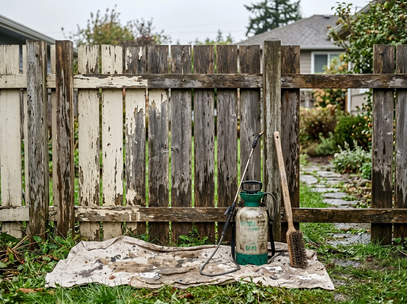 Weathered fence mid-prep with old paint scraped off and the boards rinsed clean