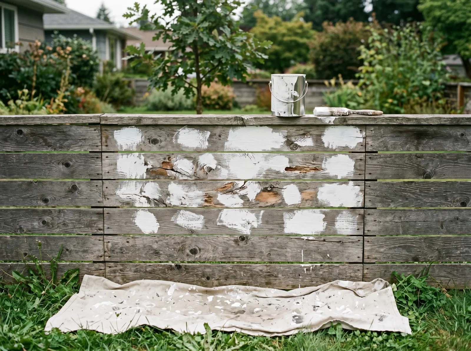 Fence with white spot-primer over knots and bare wood, rest of boards still gray