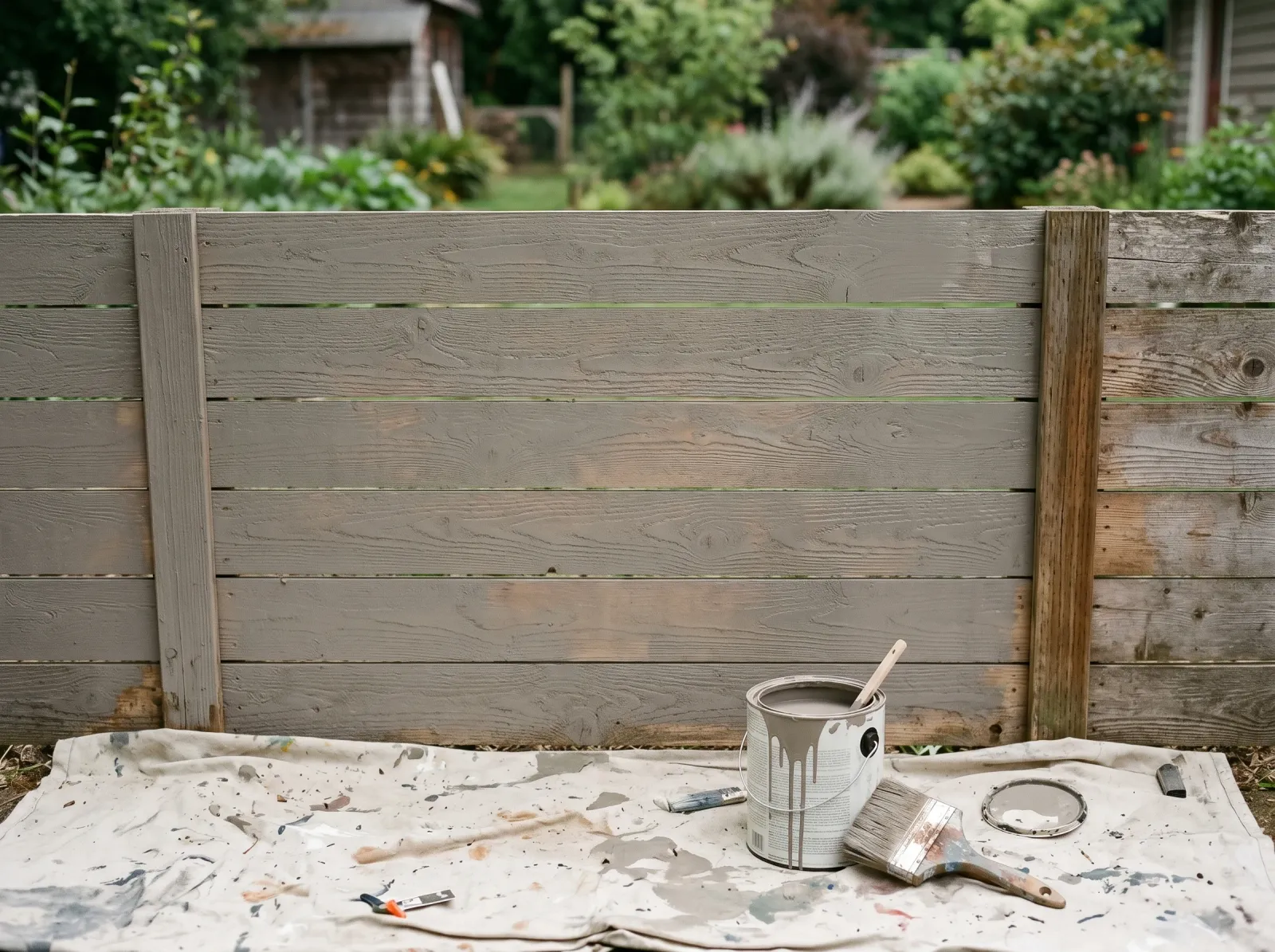Fence with first thin coat of gray paint, wood grain still showing through
