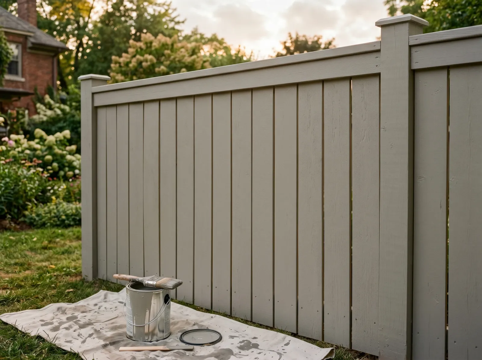 Fence with even second coat of gray, solid uniform color across the boards