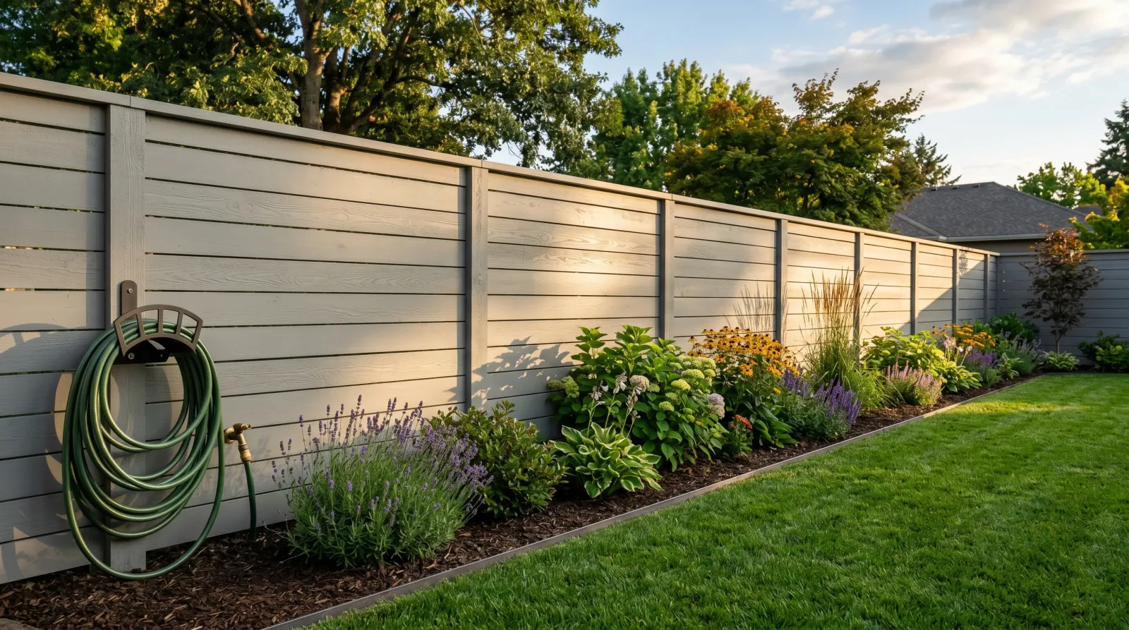 Finished gray board fence with replanted beds and clean grass at the base