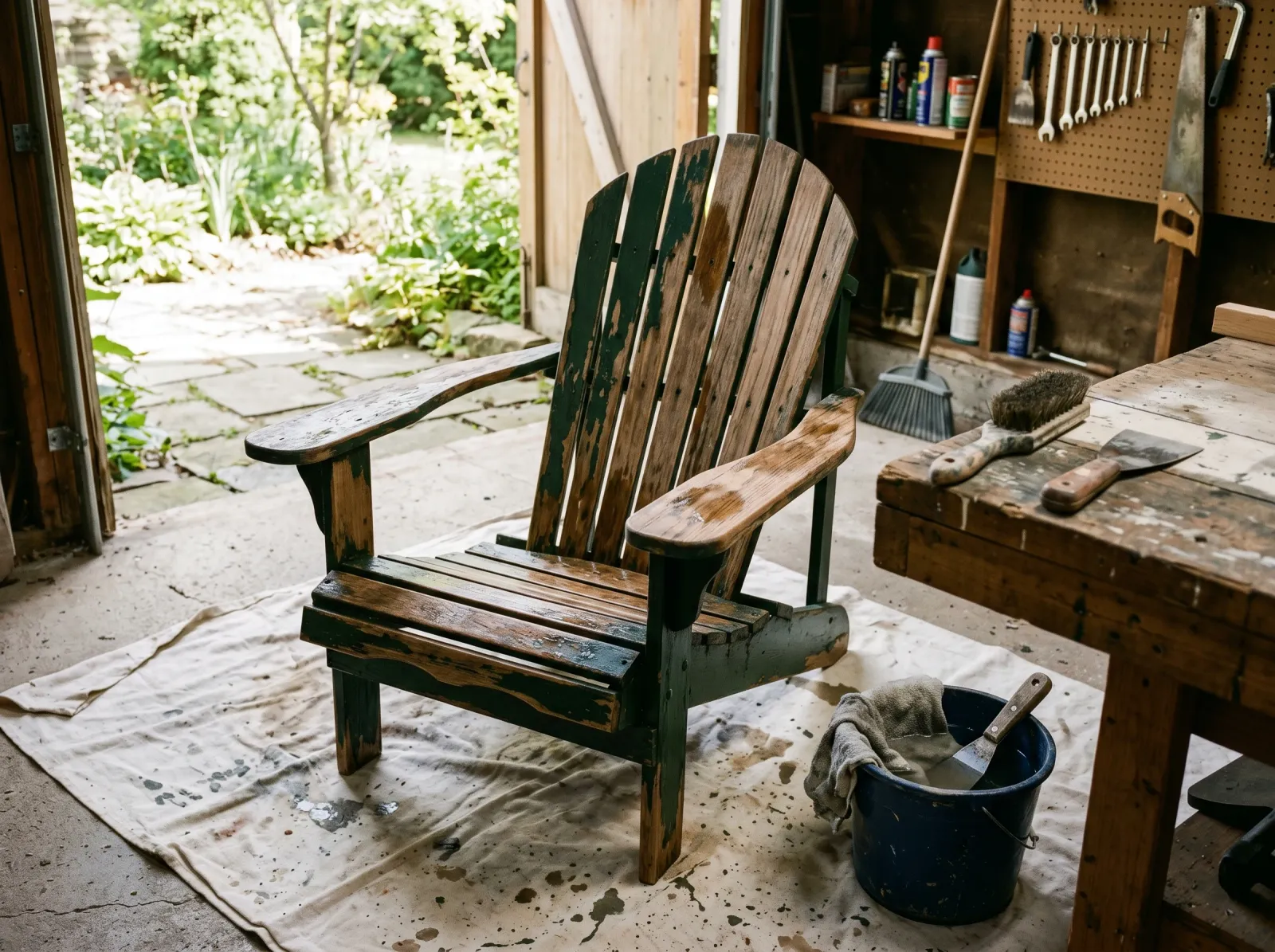 Outdoor wood chair stripped of flaking paint and washed, drying on a drop cloth