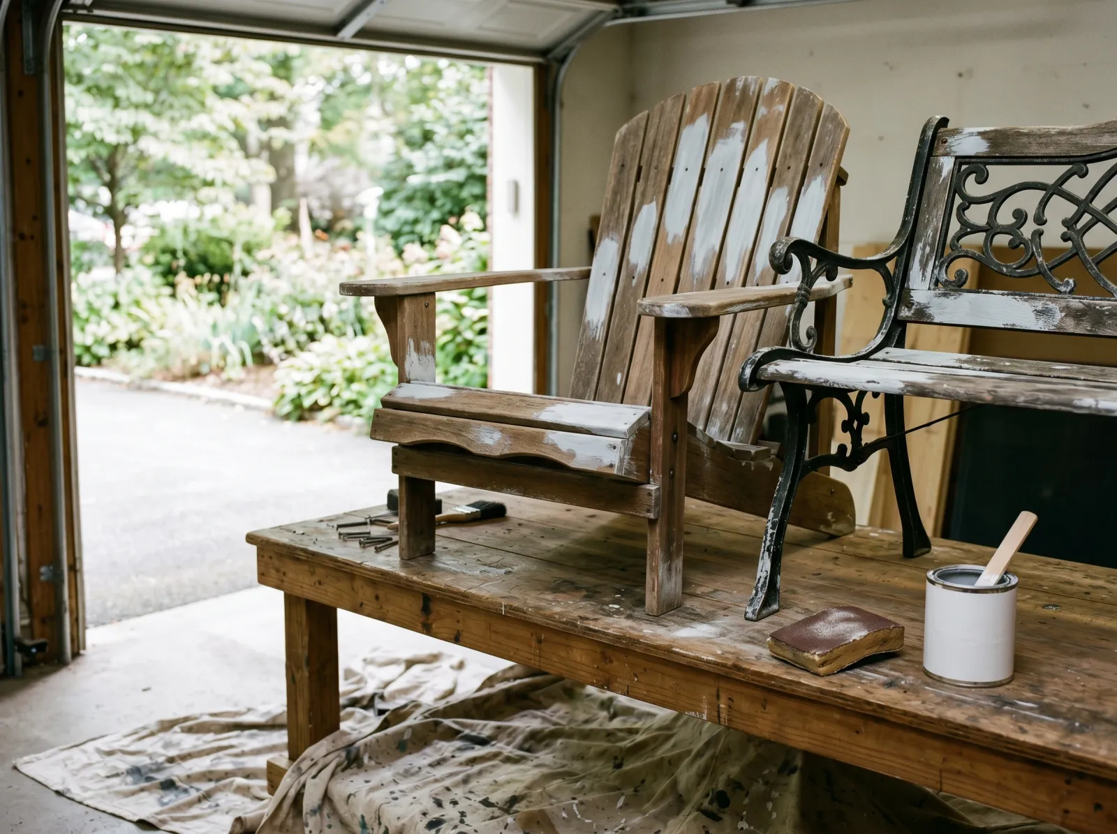 Outdoor wood chair and iron bench scuff-sanded with bonding primer on the bare spots