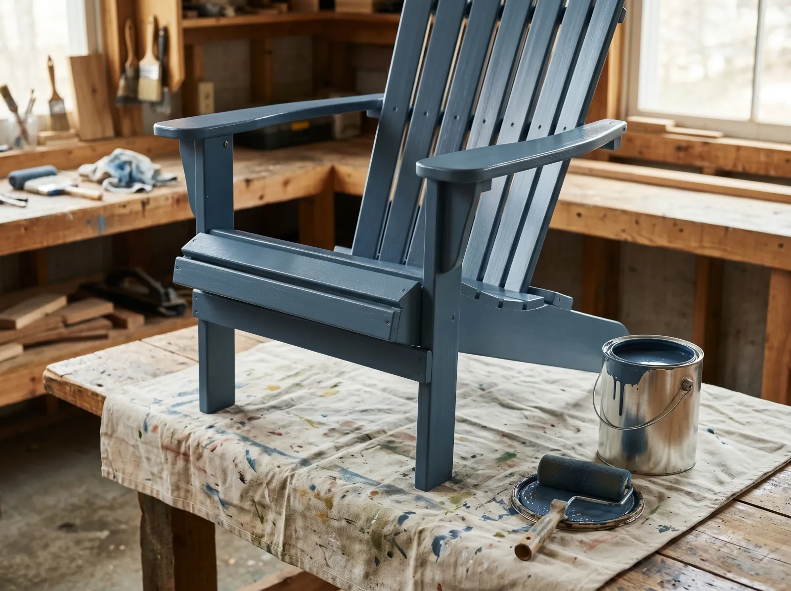 Slatted wood chair with first thin coat of slate-blue exterior enamel drying