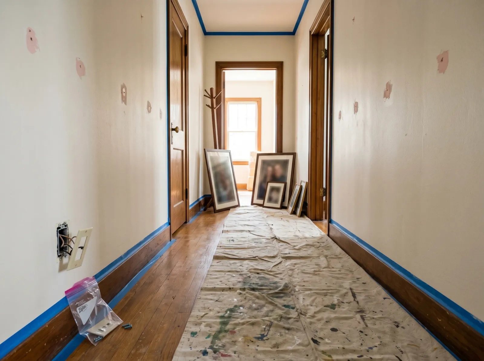 Hallway prepped with pictures down, holes patched, tape along the trim