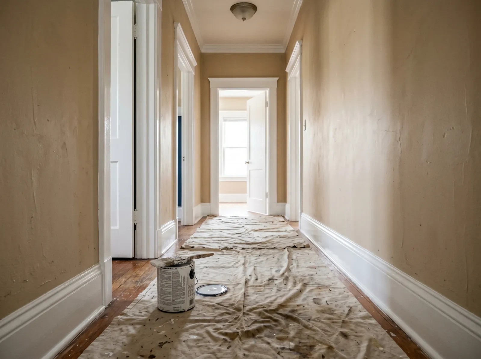 Hallway with trim and door casings freshly painted white, walls still original color