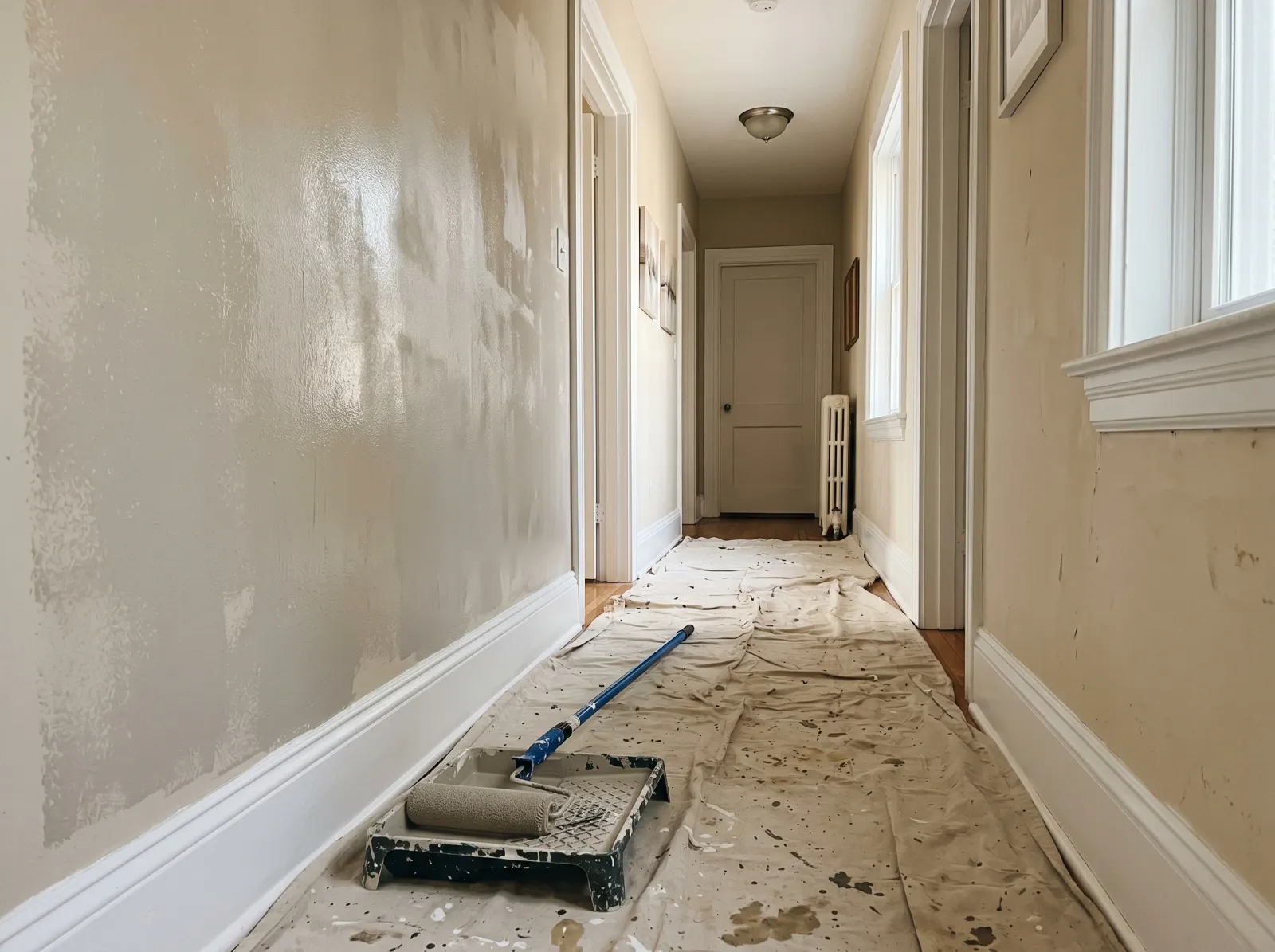Hallway with first coat of greige on one long wall, roller and tray on the drop cloth