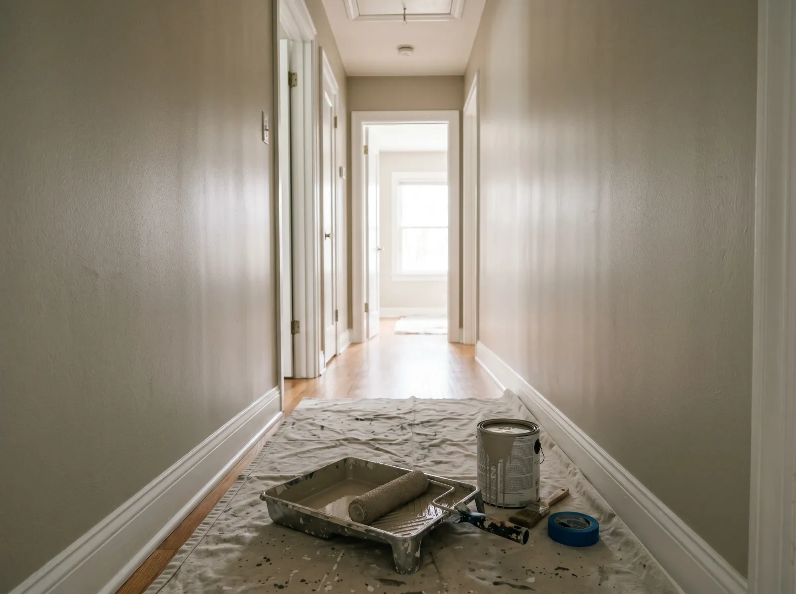Hallway walls with even second coat of warm greige, roller and tray on the drop cloth