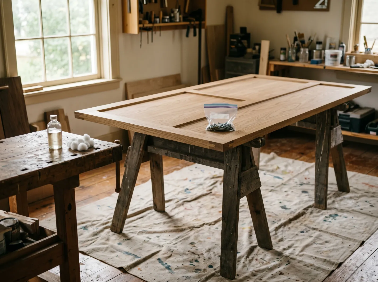 Wood headboard laid flat on sawhorses with screws bagged and a test kit nearby