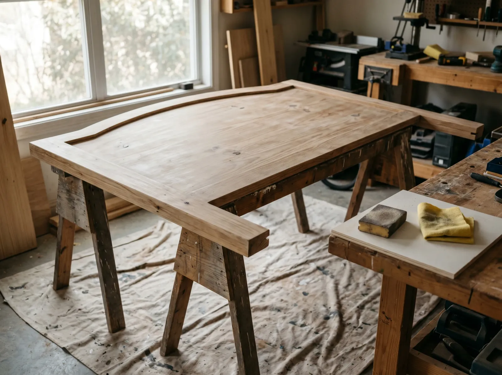 Scuff-sanded wood headboard on sawhorses with a sanding sponge nearby