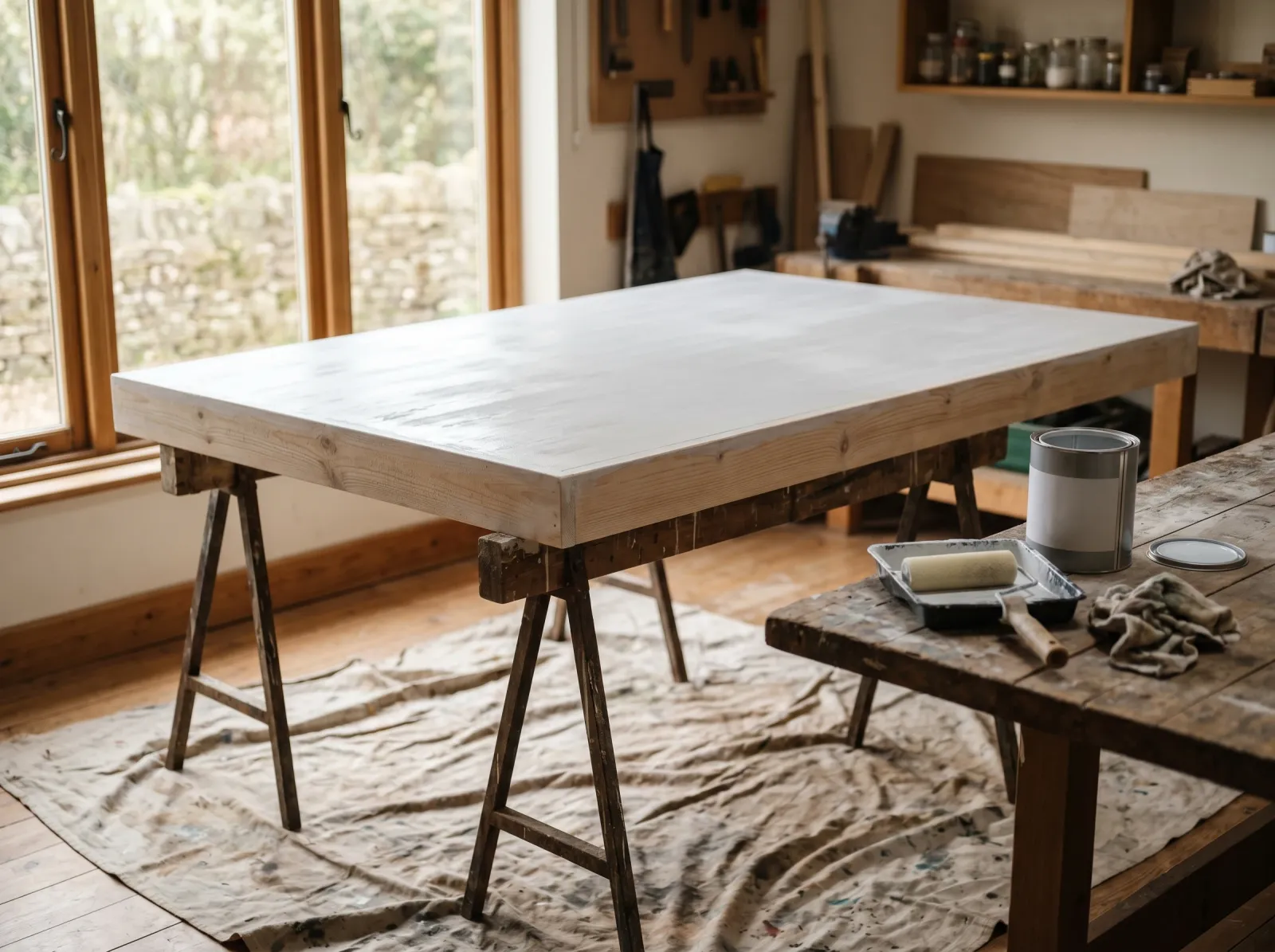 Wood headboard coated in bonding primer drying flat on sawhorses
