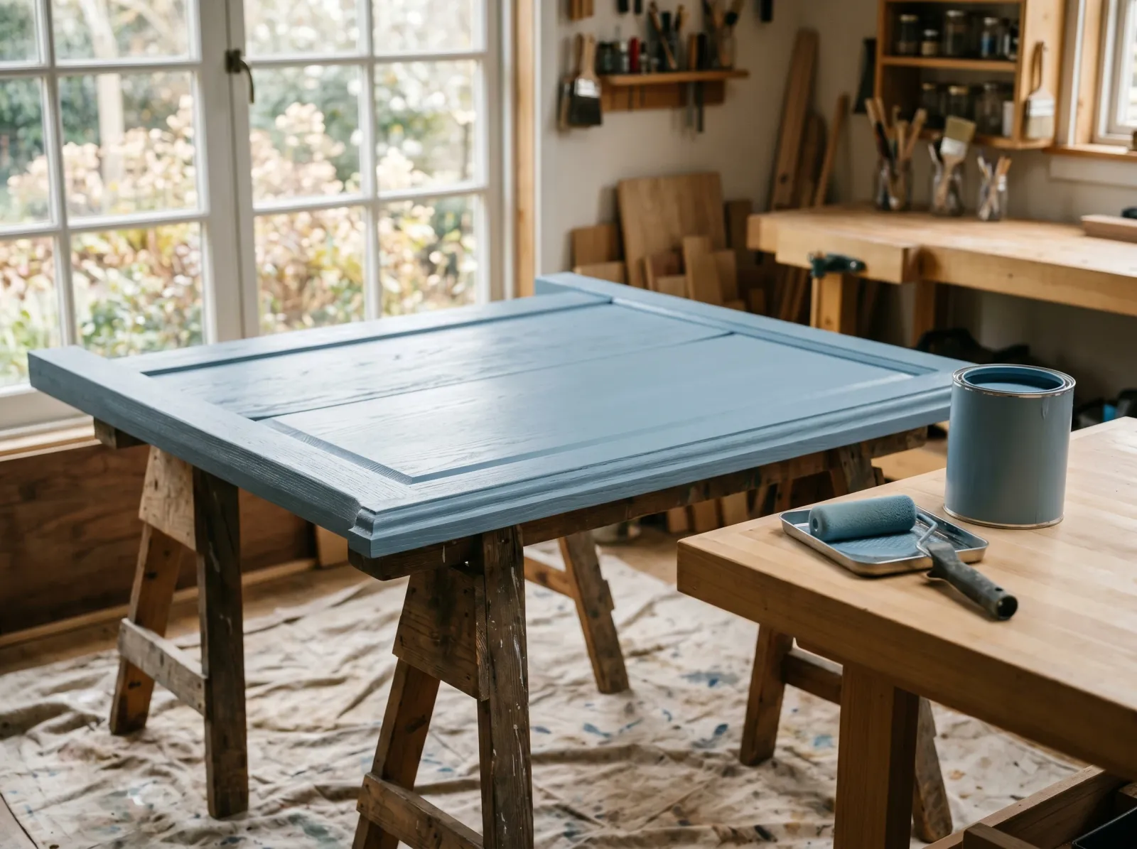 Wood headboard with a first coat of soft blue paint drying flat on sawhorses