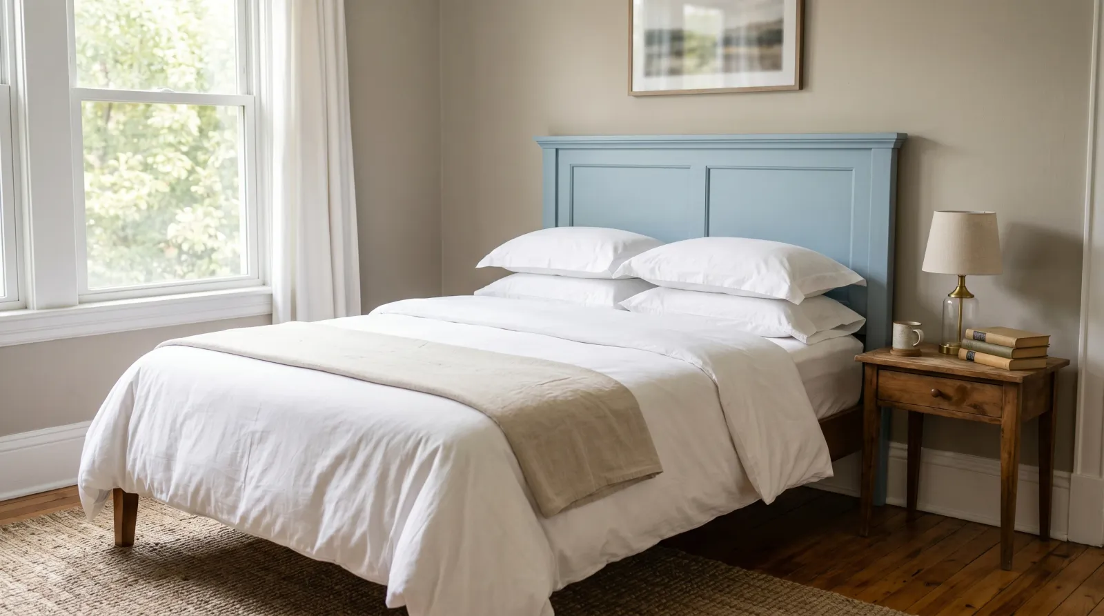 Finished soft-blue painted headboard reattached to a made bed in a sunlit bedroom