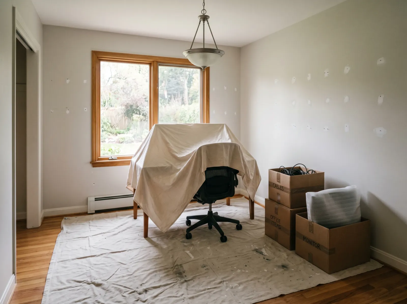 Home office prepped with desk centered under a sheet and walls patched
