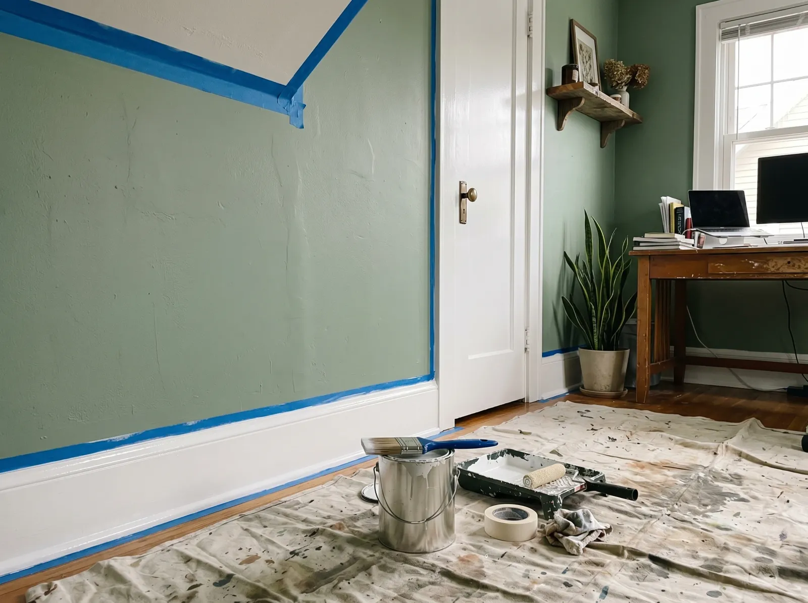 Home office with trim freshly painted white and walls still in the original color
