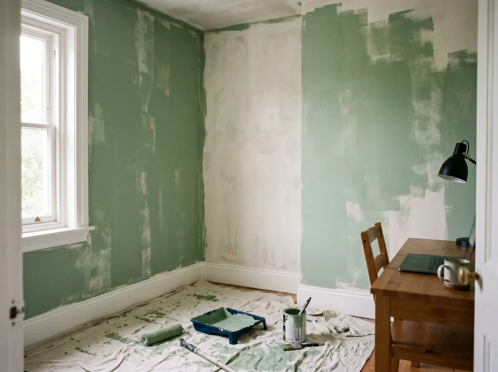 Home office mid-paint with a patchy first coat of sage green on the walls