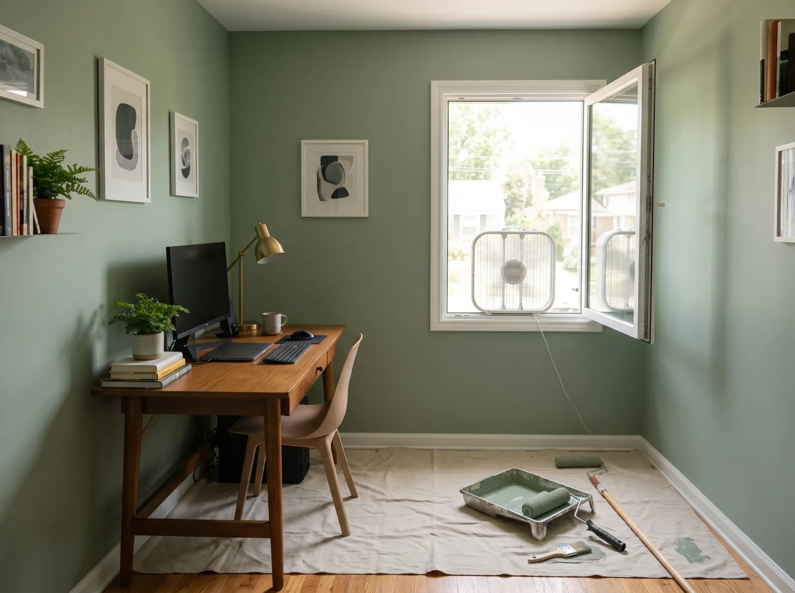 Home office with an even second coat of sage green, window open and a fan running