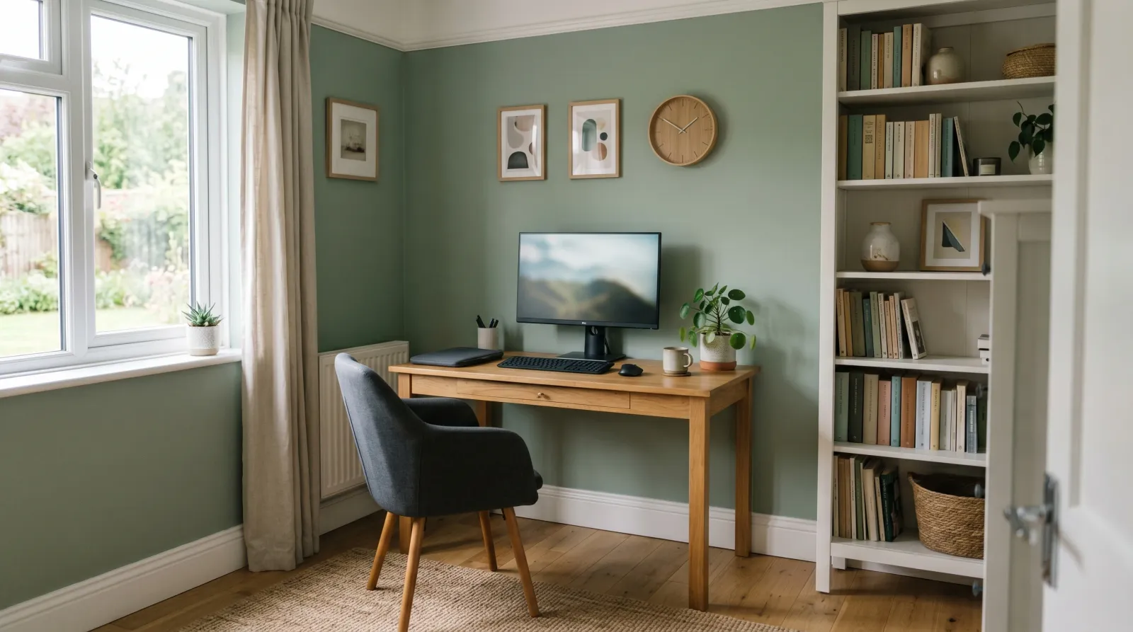 Finished home office with sage green walls and the desk back in place