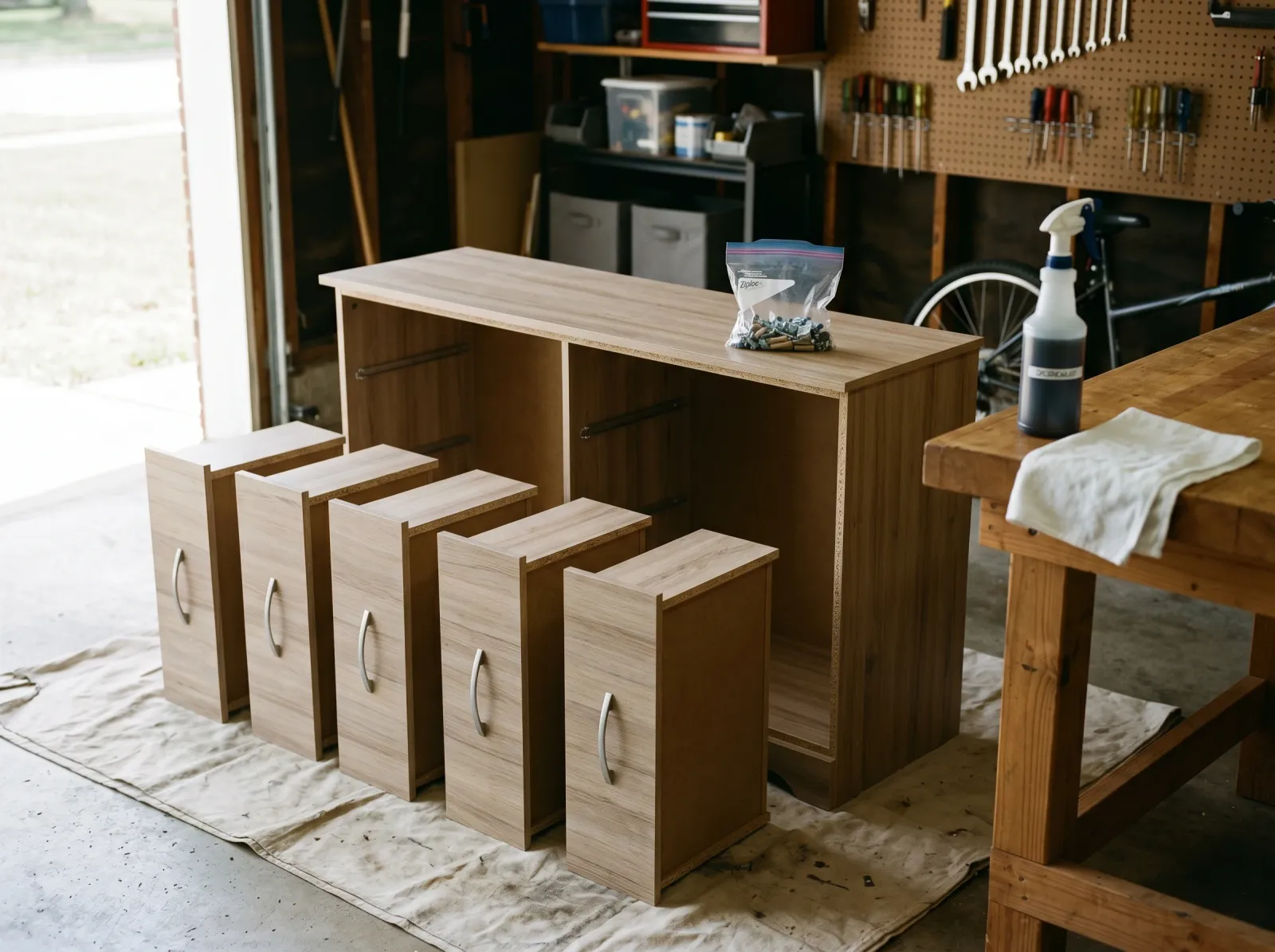 Flat-pack dresser disassembled on a drop cloth with hardware bagged and degreaser nearby