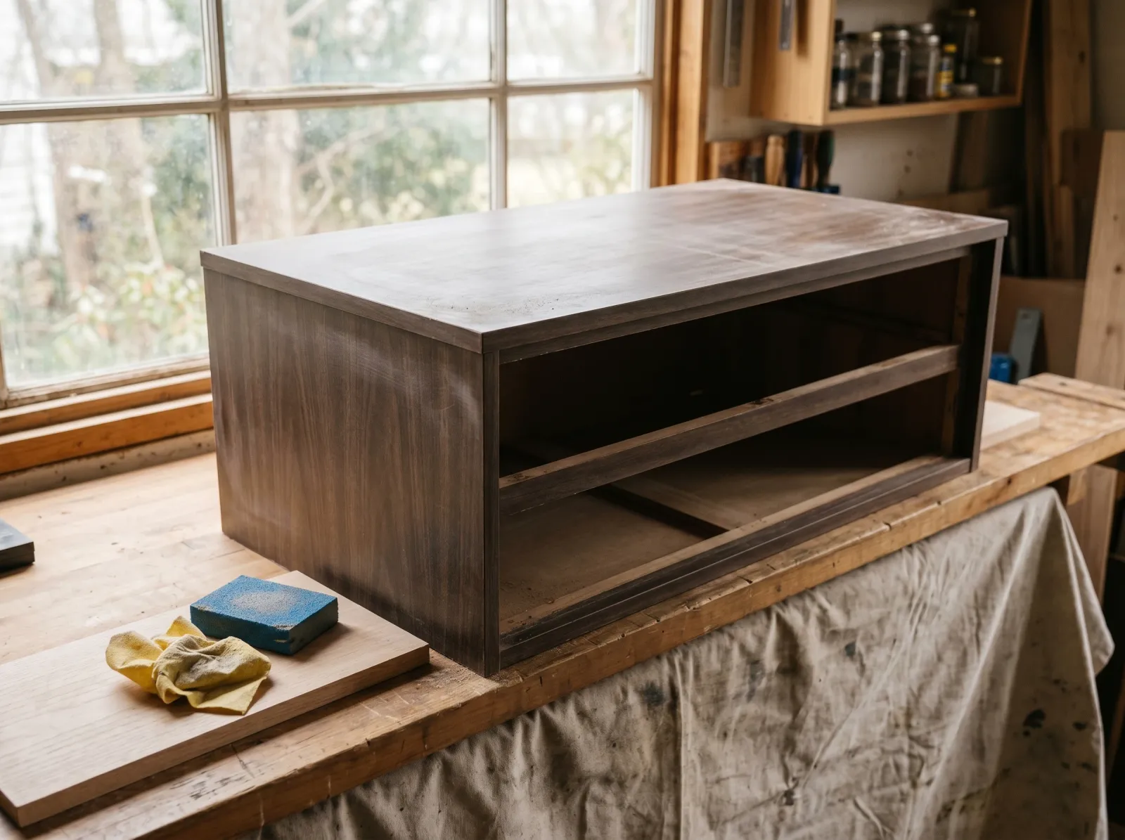 Laminate dresser scuff-sanded to a dull haze with a sanding sponge nearby