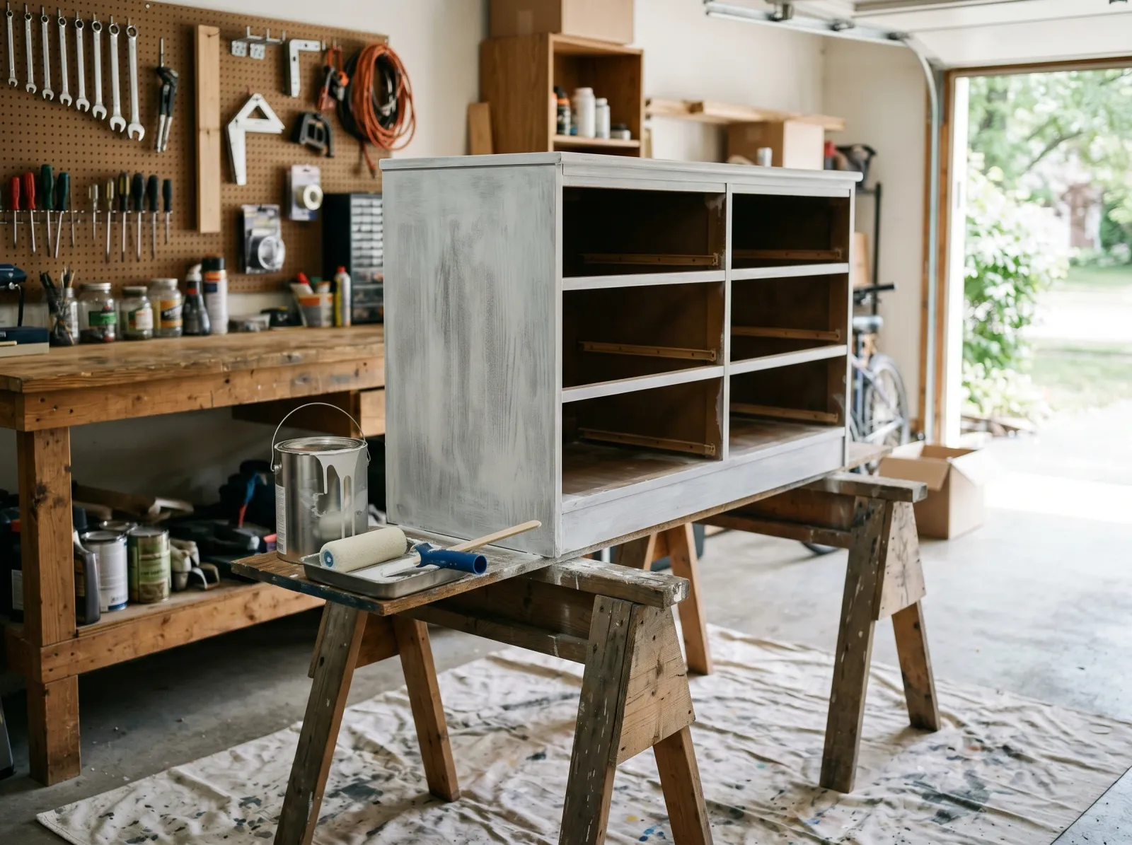 Laminate dresser coated in a single coat of bonding primer, drying on sawhorses