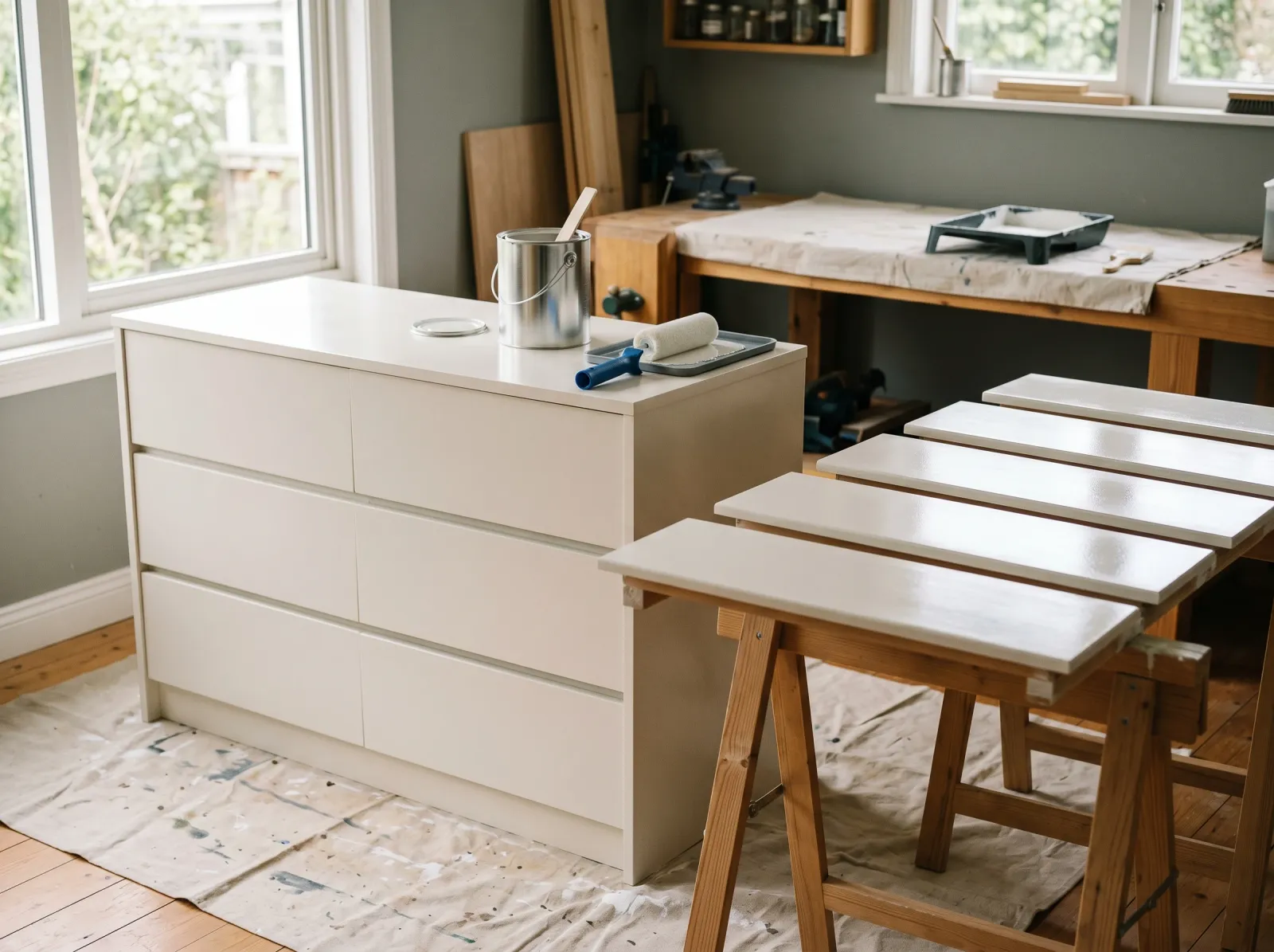 Laminate dresser with first coat of warm white enamel, drawer fronts drying flat