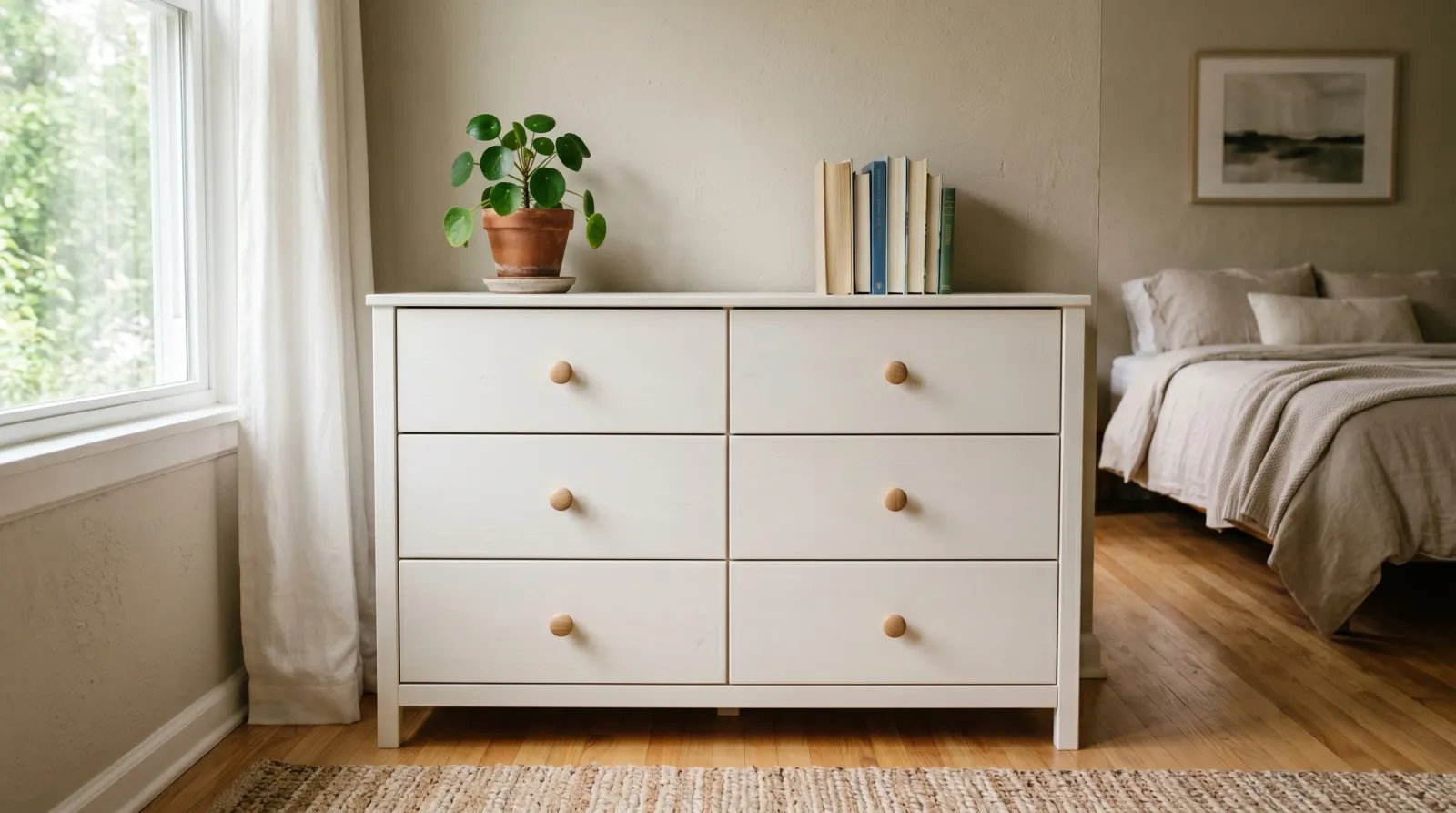 Finished warm white flat-pack dresser reassembled and styled in a sunlit bedroom