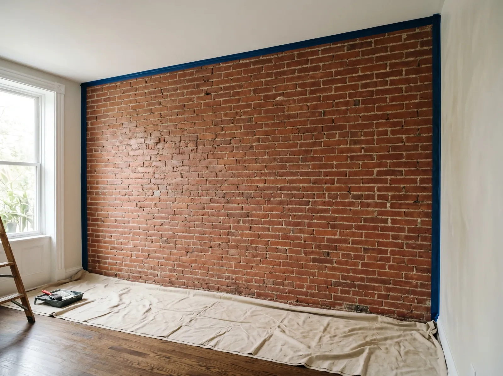 Clean interior brick wall with the floor draped and the ceiling line taped before painting