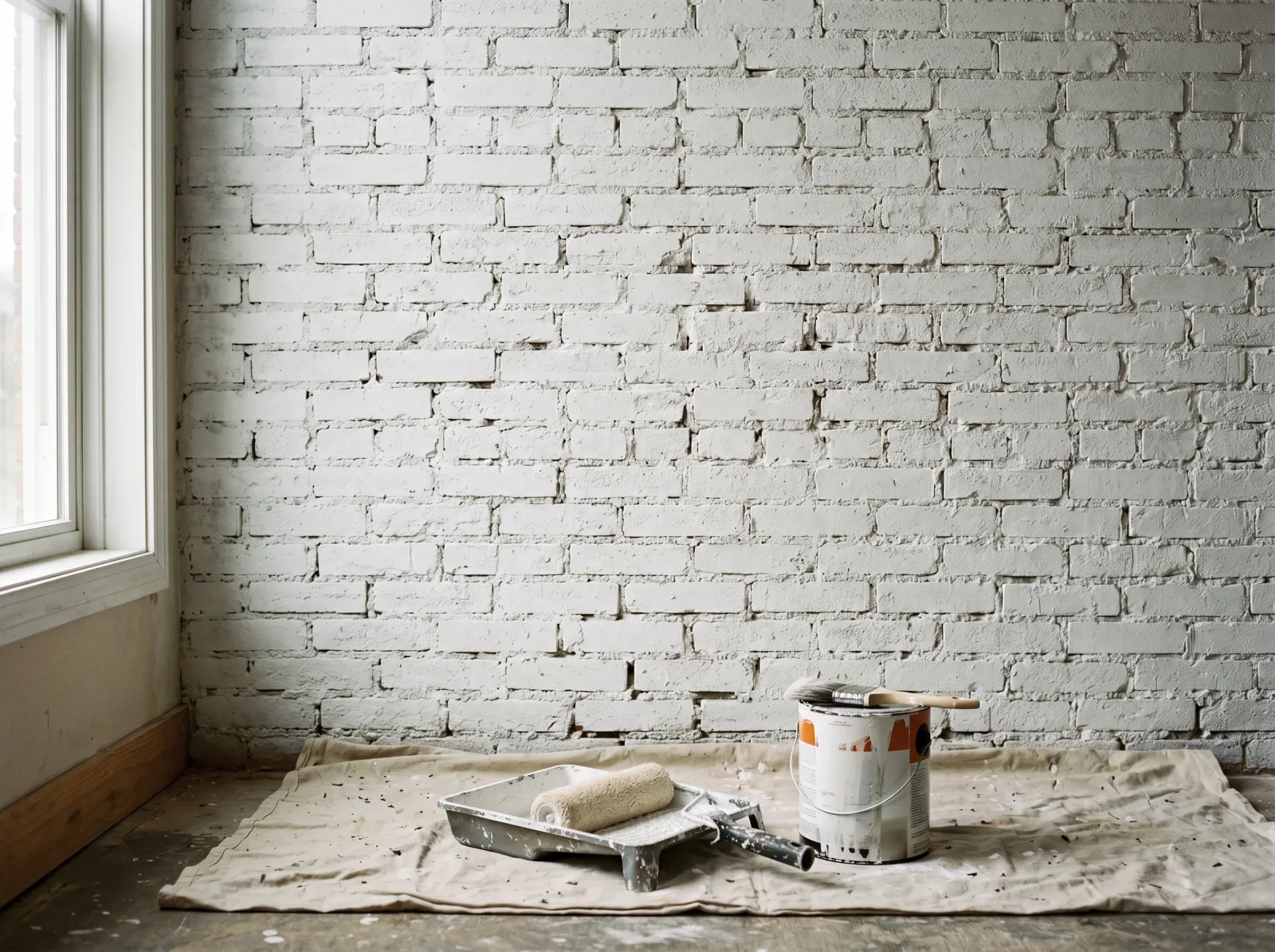 Interior brick wall coated in white bonding primer with the joints filled in