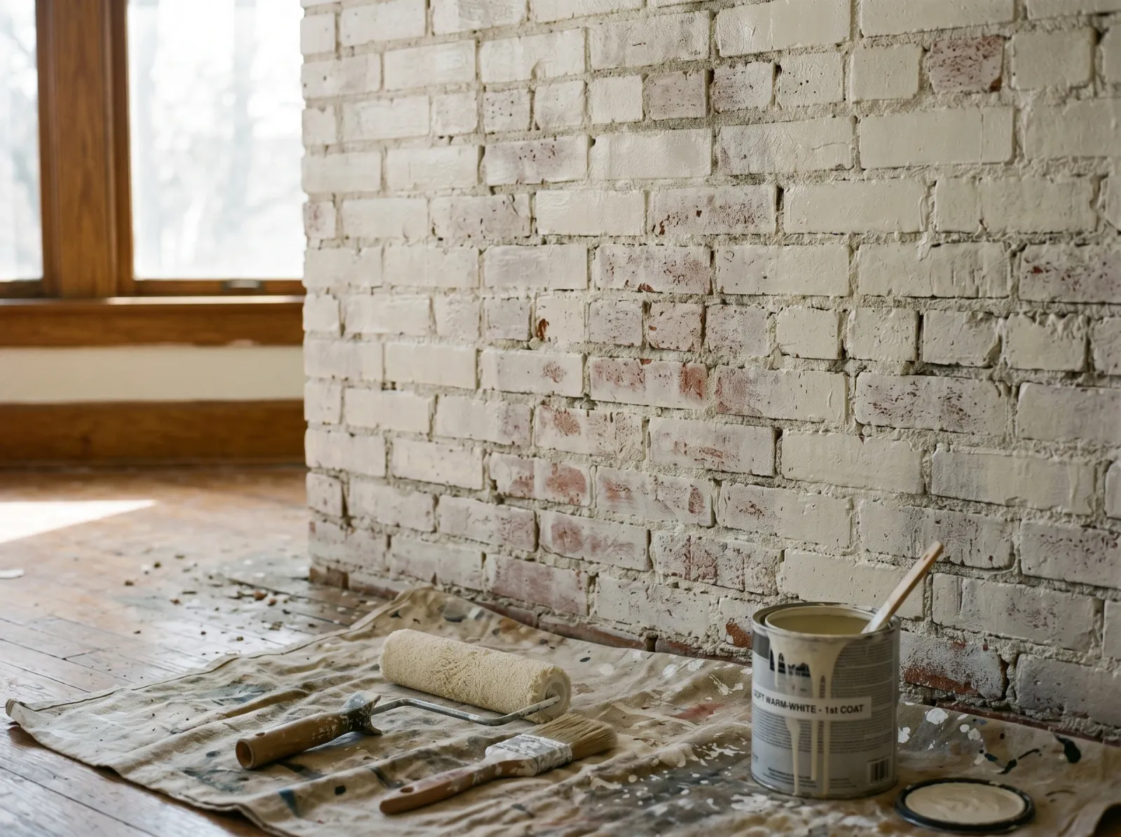 Interior brick wall with a patchy first coat of warm-white paint over the primer