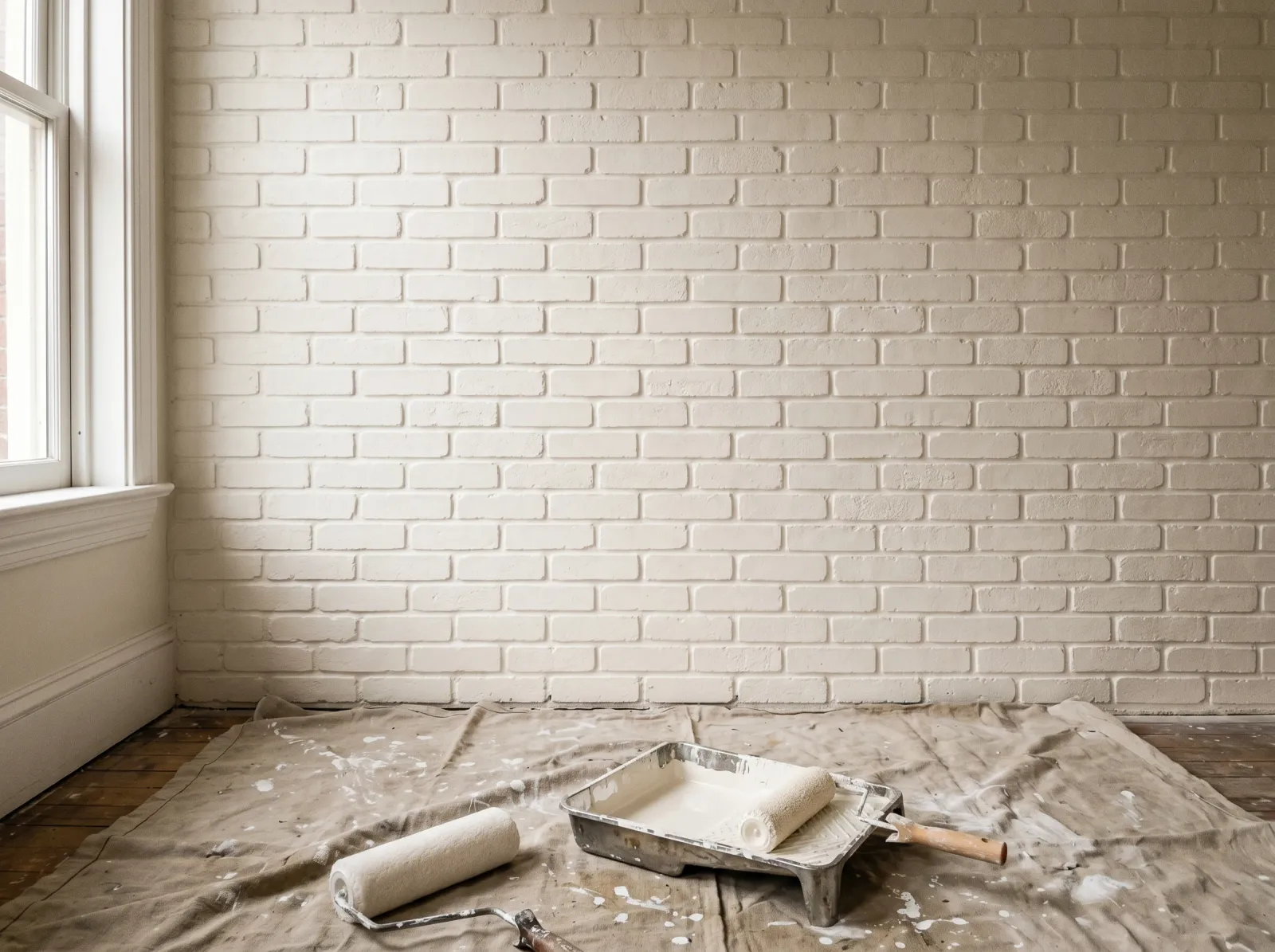 Interior brick wall with an even second coat of warm white, texture still visible