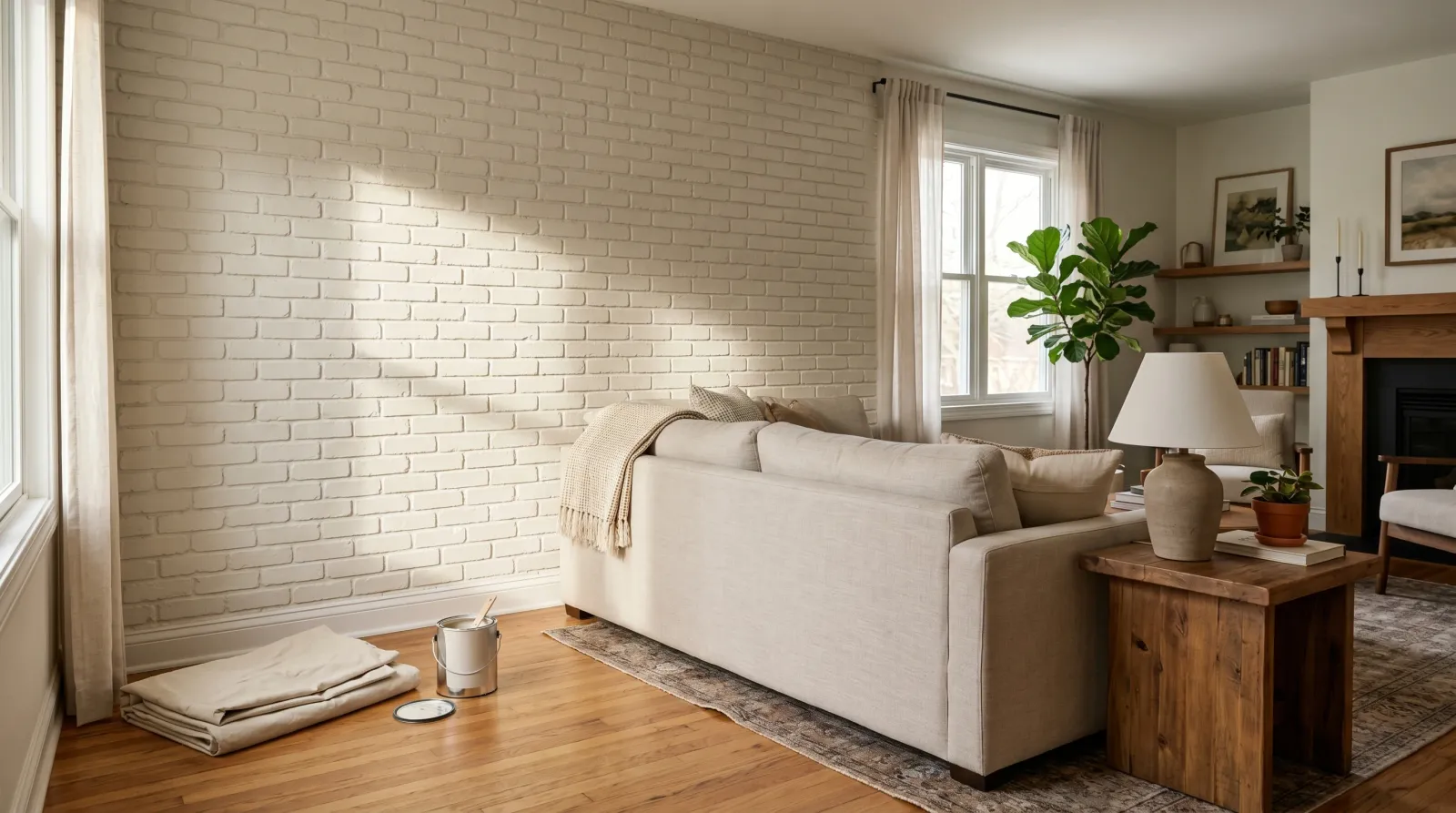 Finished room with a painted white brick wall and the furniture back in place