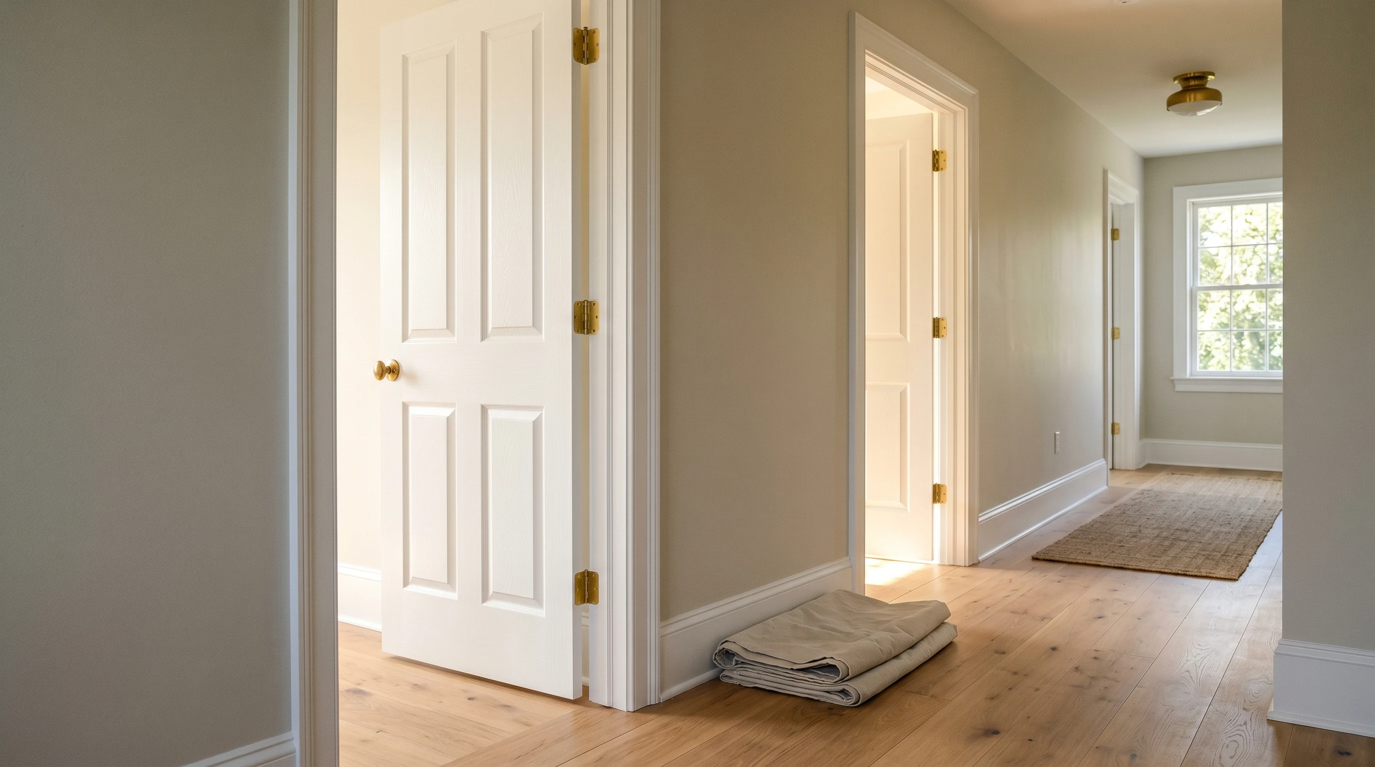 Freshly painted interior panel doors hung on brass hinges in a sunlit hallway