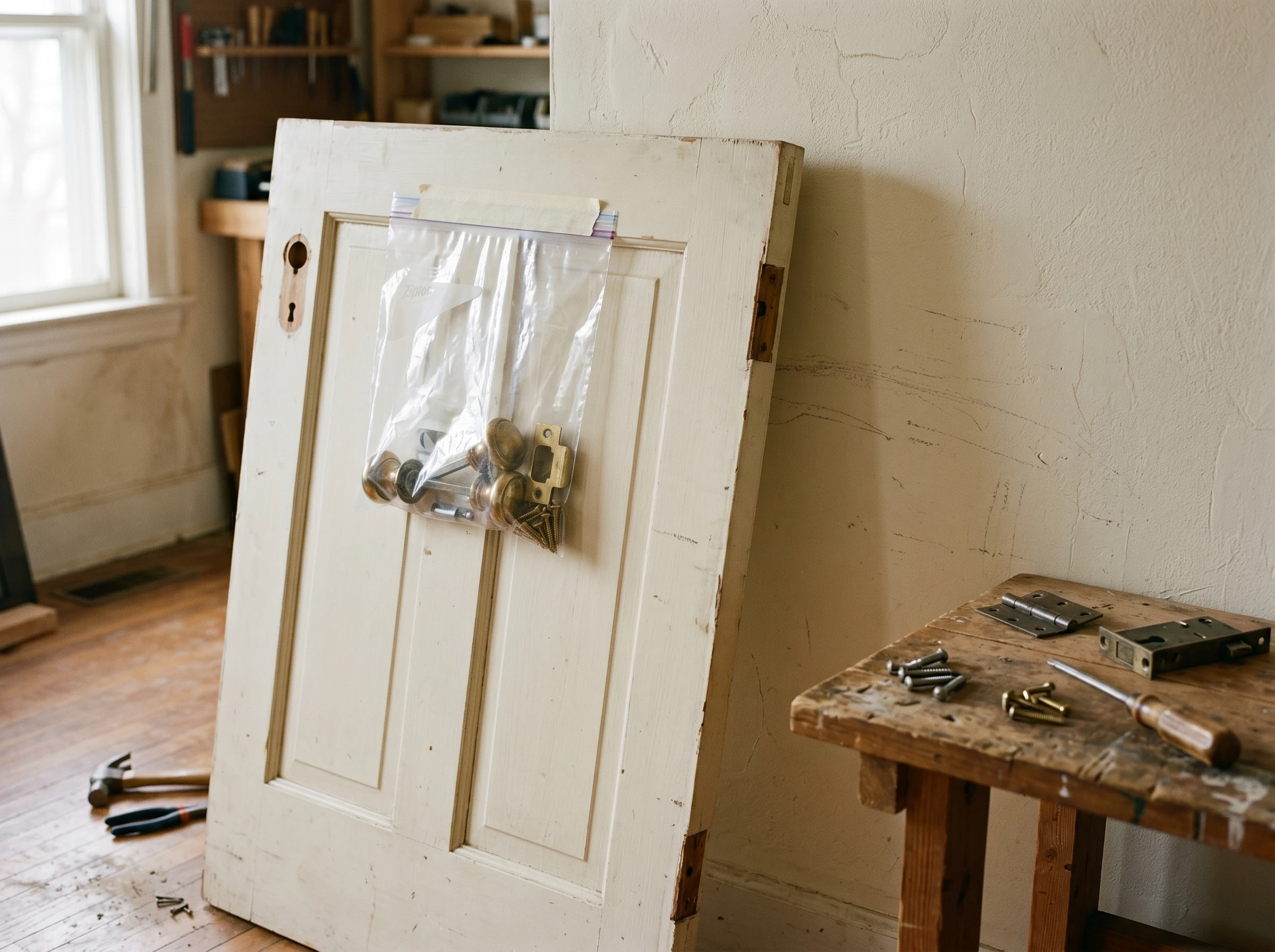Interior door lifted off its hinges with hardware bagged and labeled