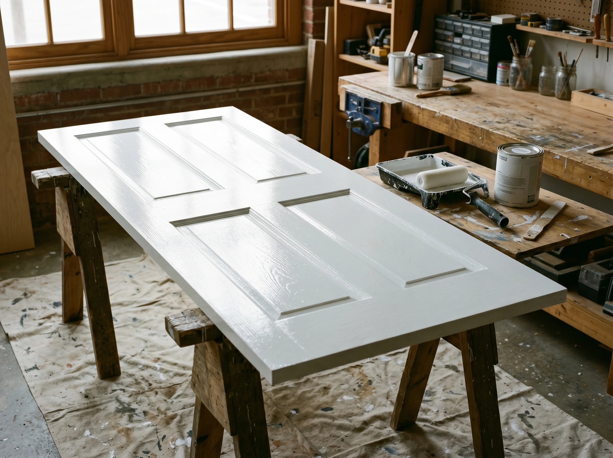 Interior door with first coat of white finish paint, drying flat on sawhorses