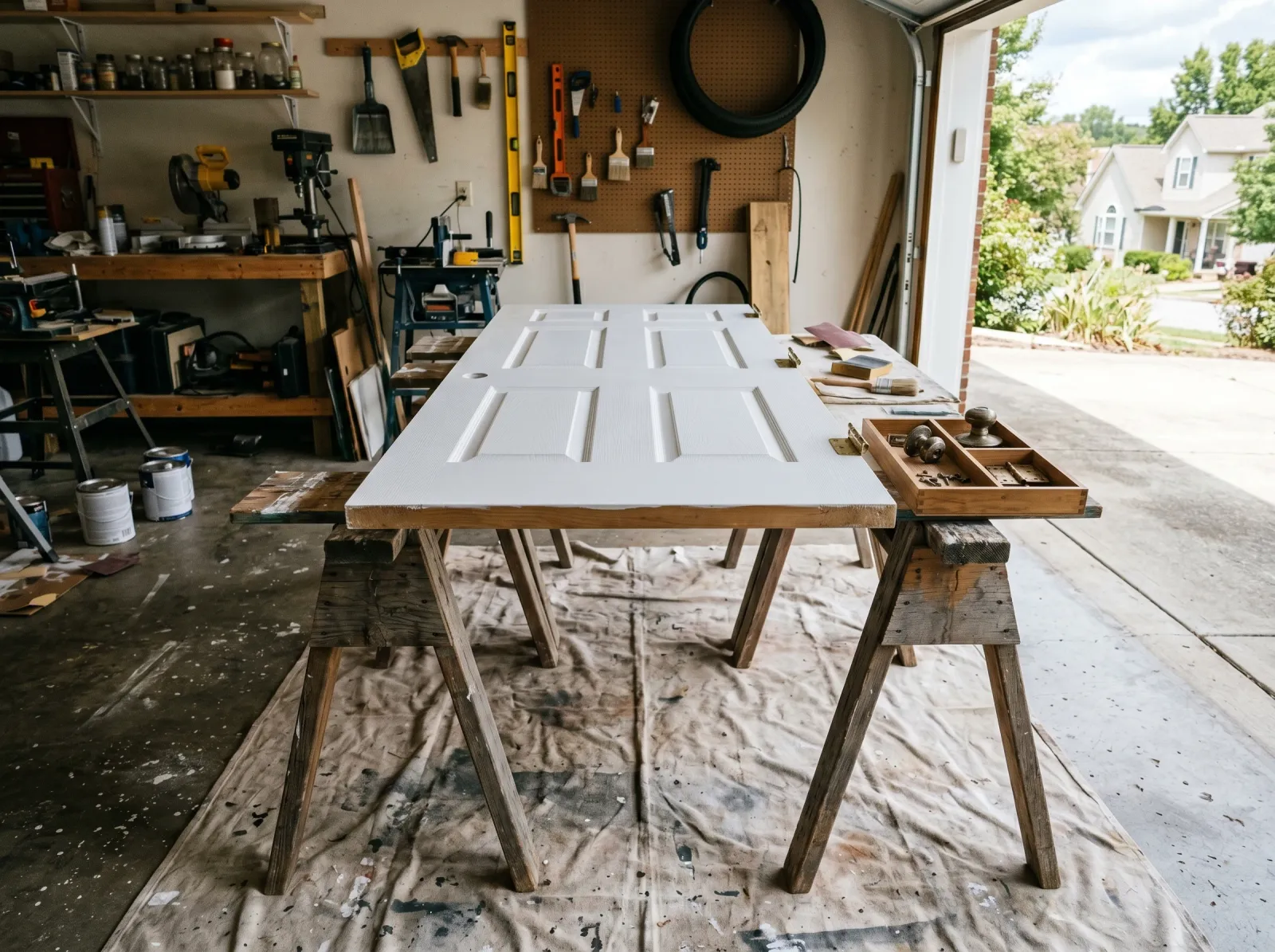 Interior door laid flat on two sawhorses with hardware removed and set aside