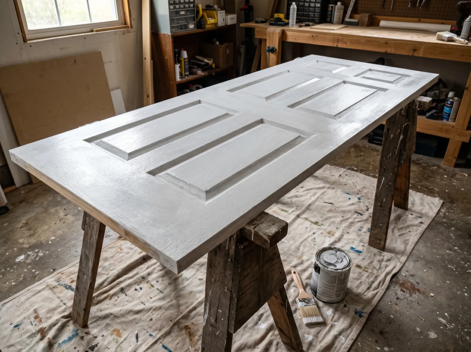 Interior door coated in a thin white bonding primer, can and brush beside it