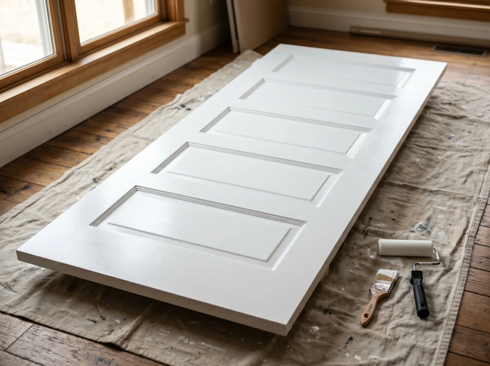 Interior door with a smooth first coat of white satin enamel, foam roller and brush beside it