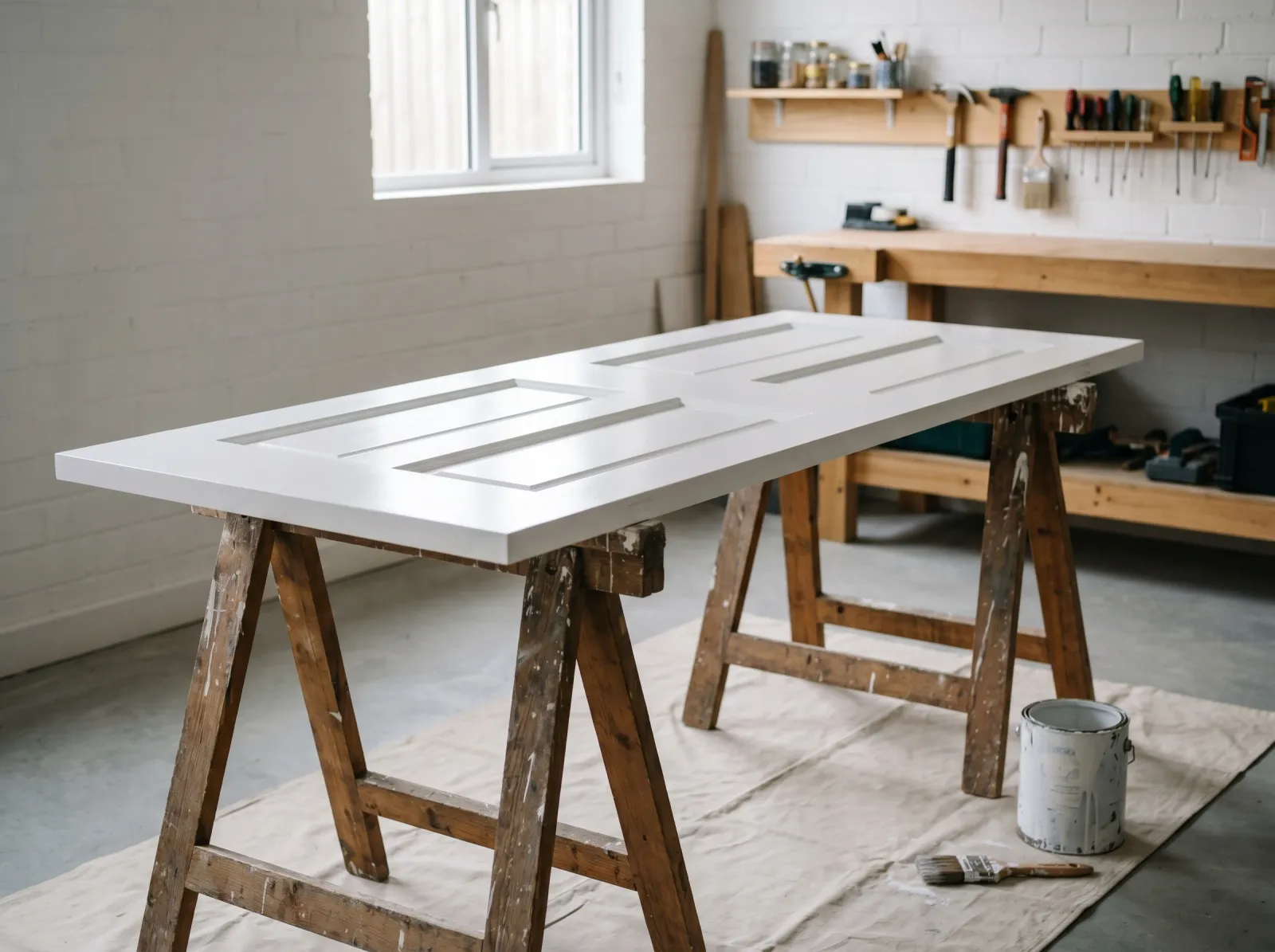 Freshly painted white interior door curing flat across sawhorses