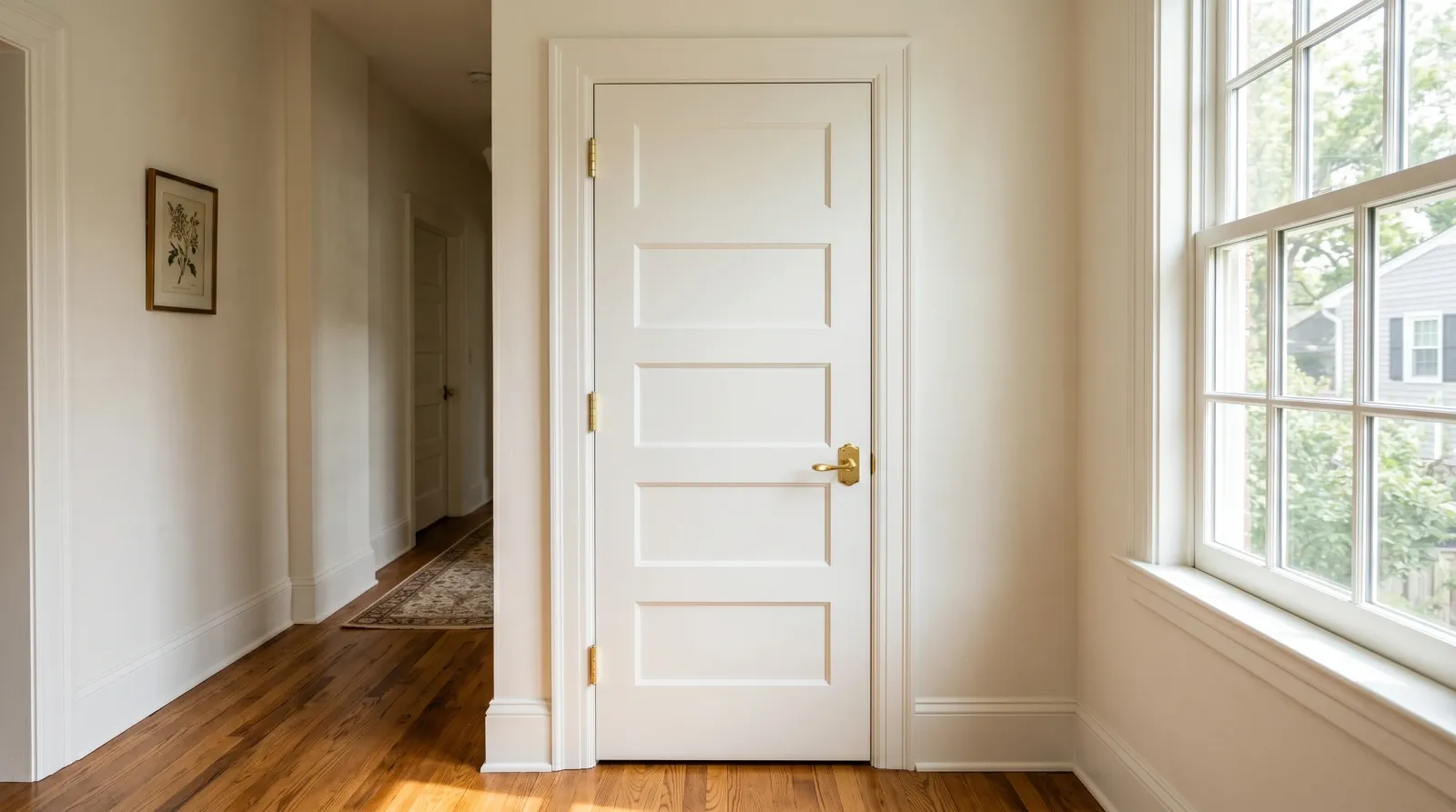 Finished white interior door rehung in a sunlit hallway with hardware back on