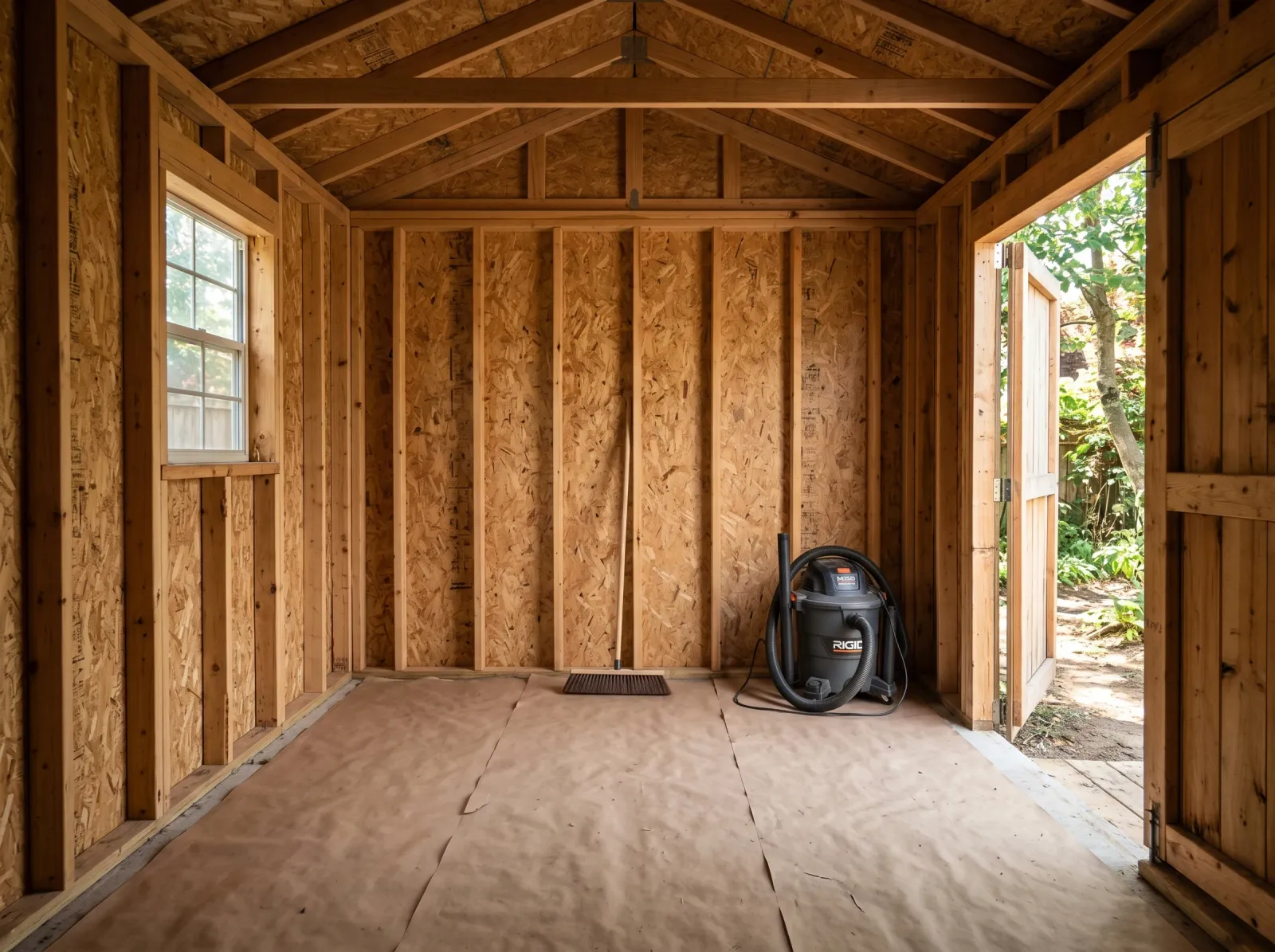 Empty shed interior with bare studs swept clean and floor papered, broom and shop vac standing by