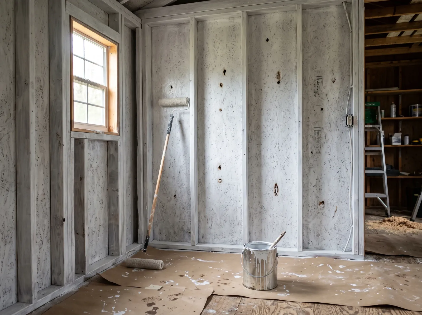 Shed interior coated in grey-white primer with knots still showing through on the framing