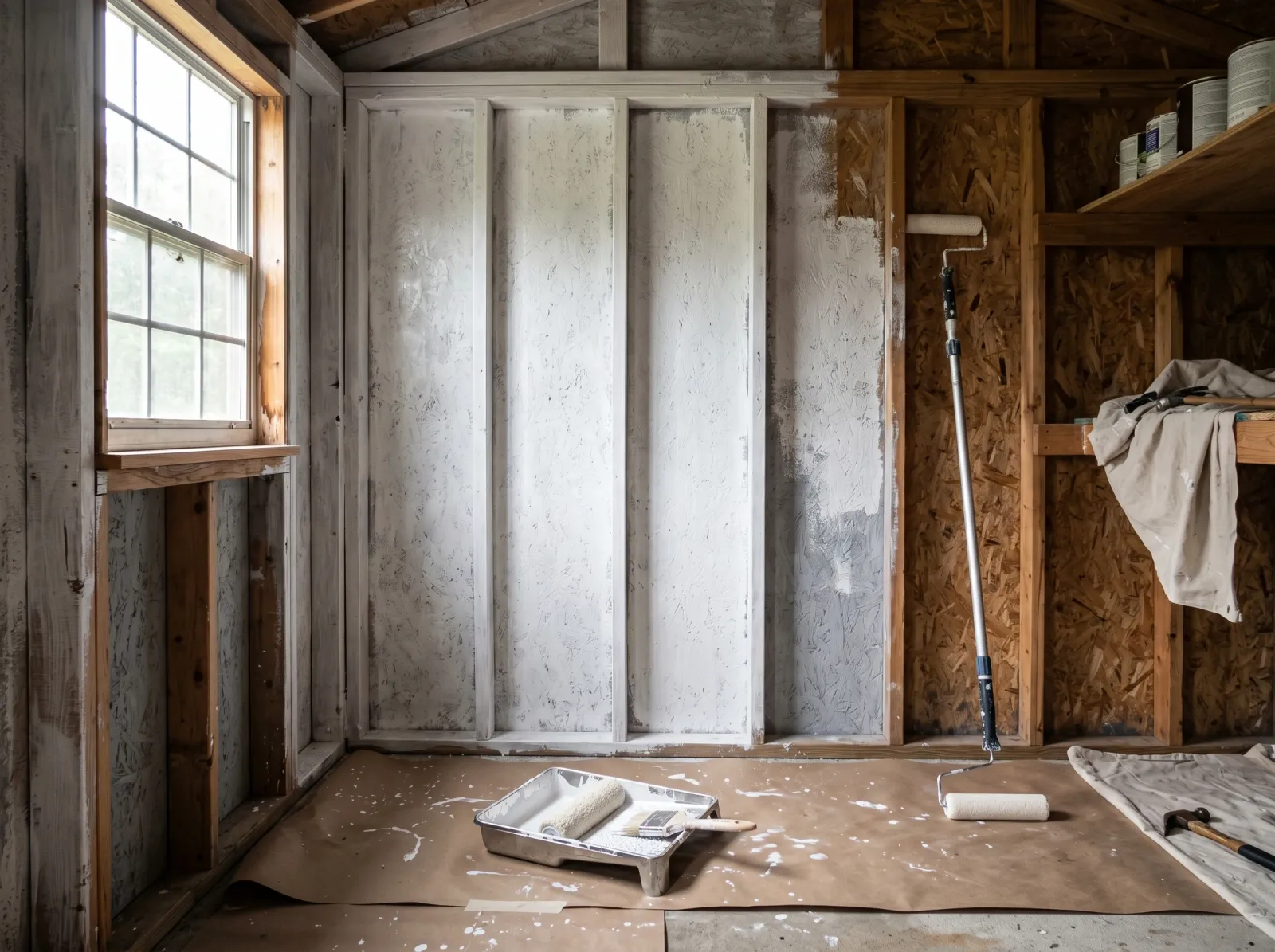 Shed interior with first coat of white paint, slightly patchy over the primed framing