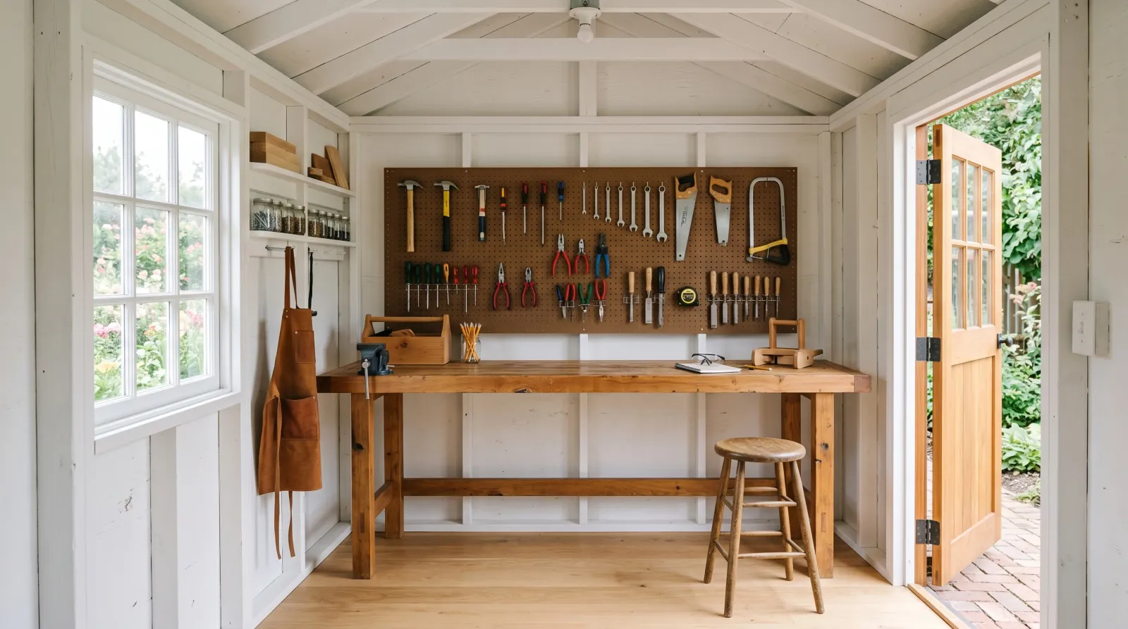Finished white shed interior set up as a workshop with a bench and pegboard