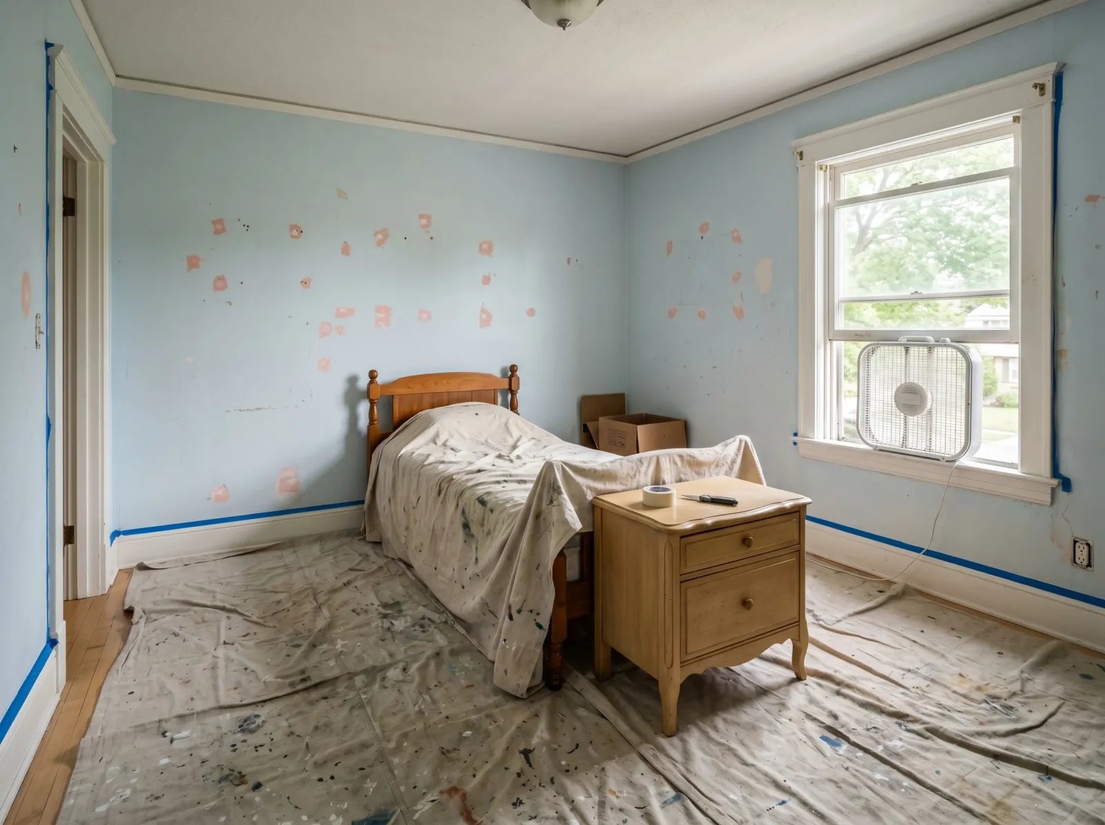 Kids' bedroom prepped with furniture centered under a sheet, walls patched, fan in the window