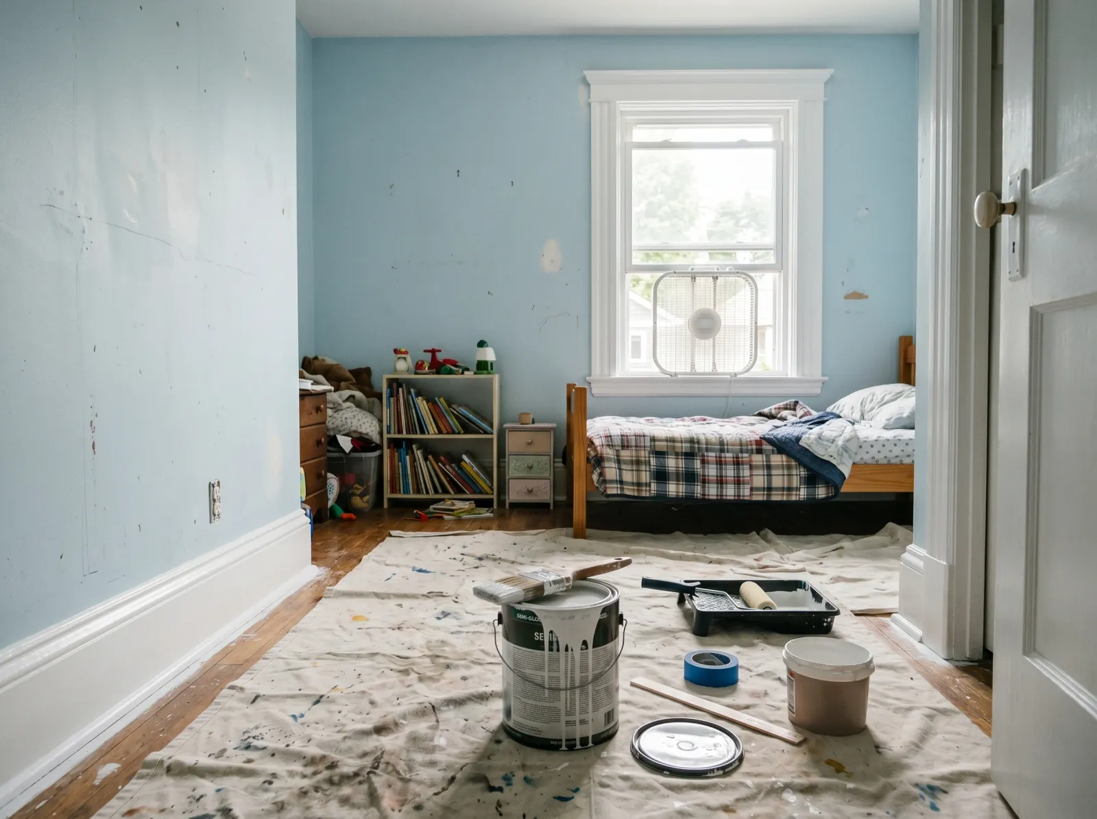 Kids' bedroom with all trim freshly painted bright white, walls still in original color